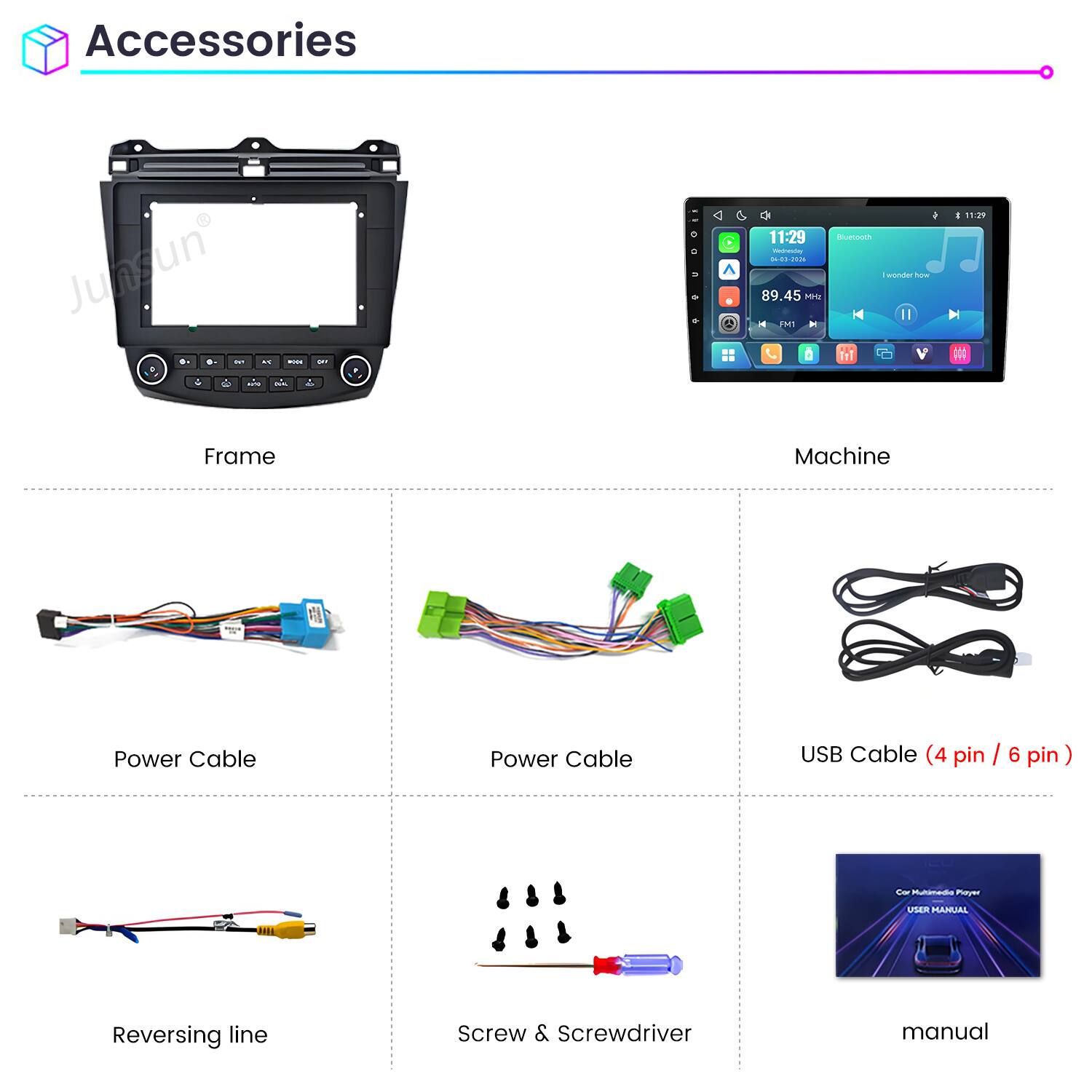 Accessories

- Frame
- Machine
- Power Cable
- Power Cable
- USB Cable (4 pin / 6 pin)
- Reversing line
- Screw & Screwdriver
- Manual