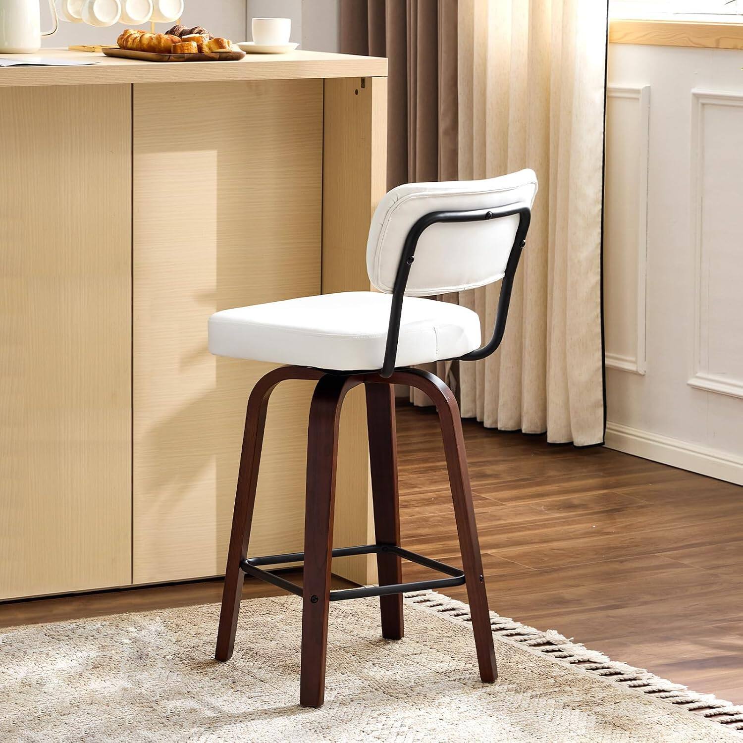 Alt View 4. Winado - Modern Bar Stool 26" H, PU Leather 360° Swivel, Solid Wood Legs Barstools for Kitchen Island & Home Bar - Beige Fabric-Set of 1.