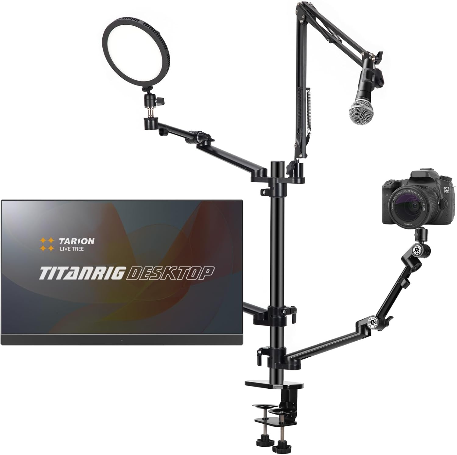 TARION - Camera Arm Mount 4-in-1 Overhead Camera Desk Mount Stand Adjustable with 1 Mic Boom + 3 Articulating Arms