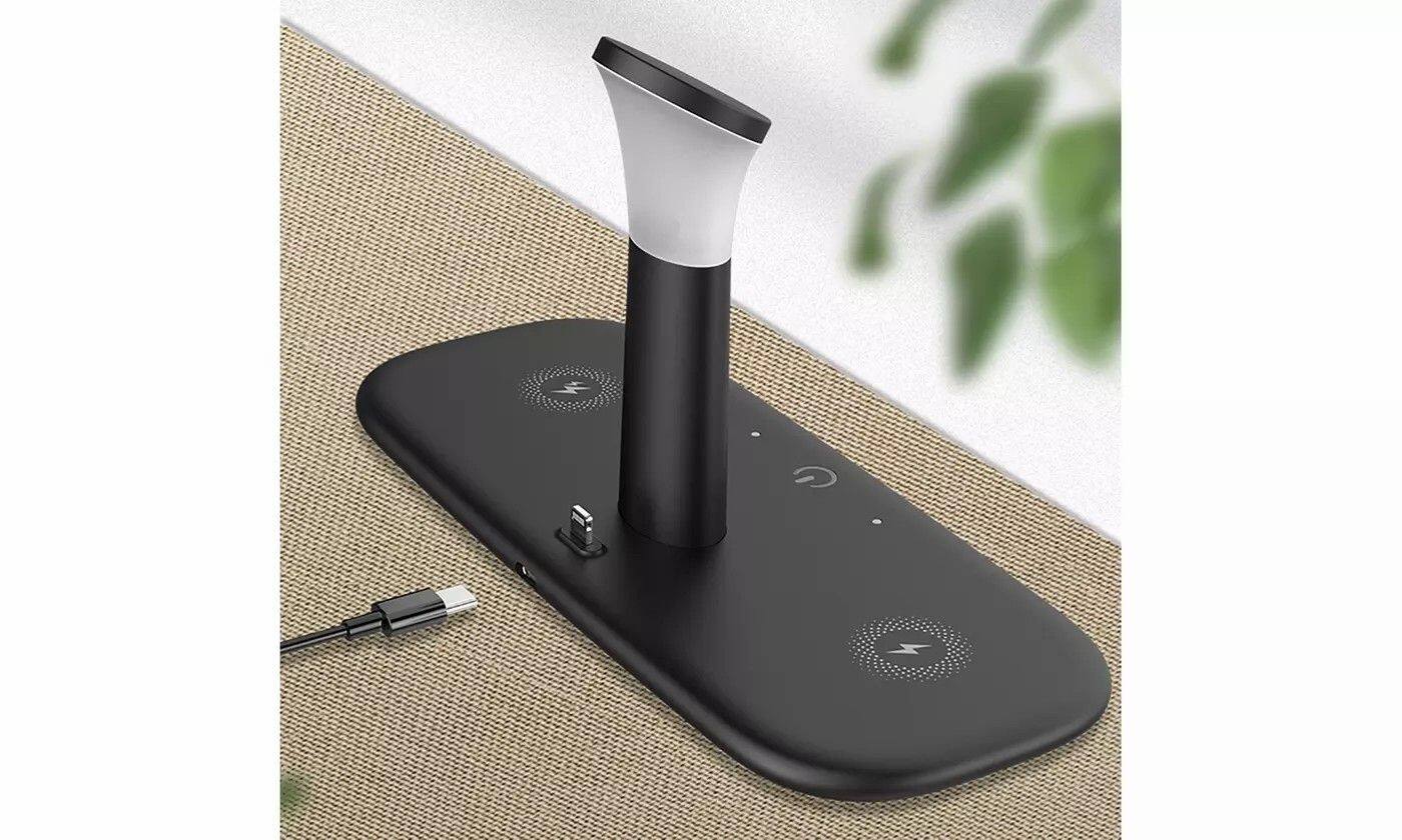 Back. Link - 5 in 1 Qi Wireless Fast Charger Stand for Apple Watch , Airpods and iPhone - Black - Black.
