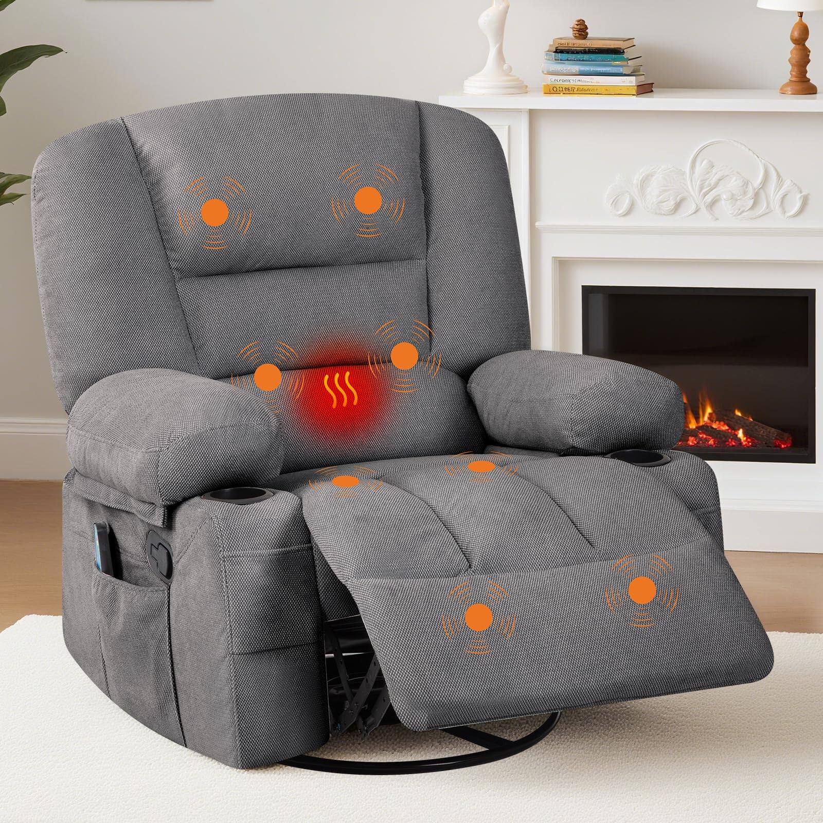 Angle. Babevy - 360° Swivel Recliner Chairs with Massage & Heat, Side Pockets Cup Holders - Gray.