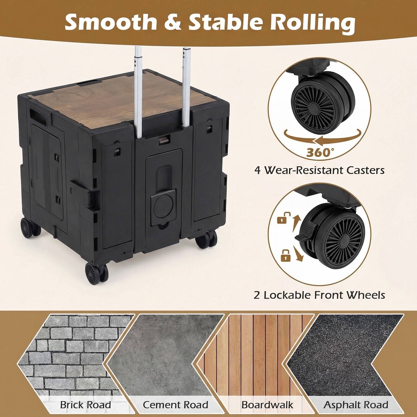 Smooth & Stable Rolling  
4 Wear-Resistant Casters  
2 Lockable Front Wheels  

Brick Road  
Cement Road  
Boardwalk  
Asphalt Road