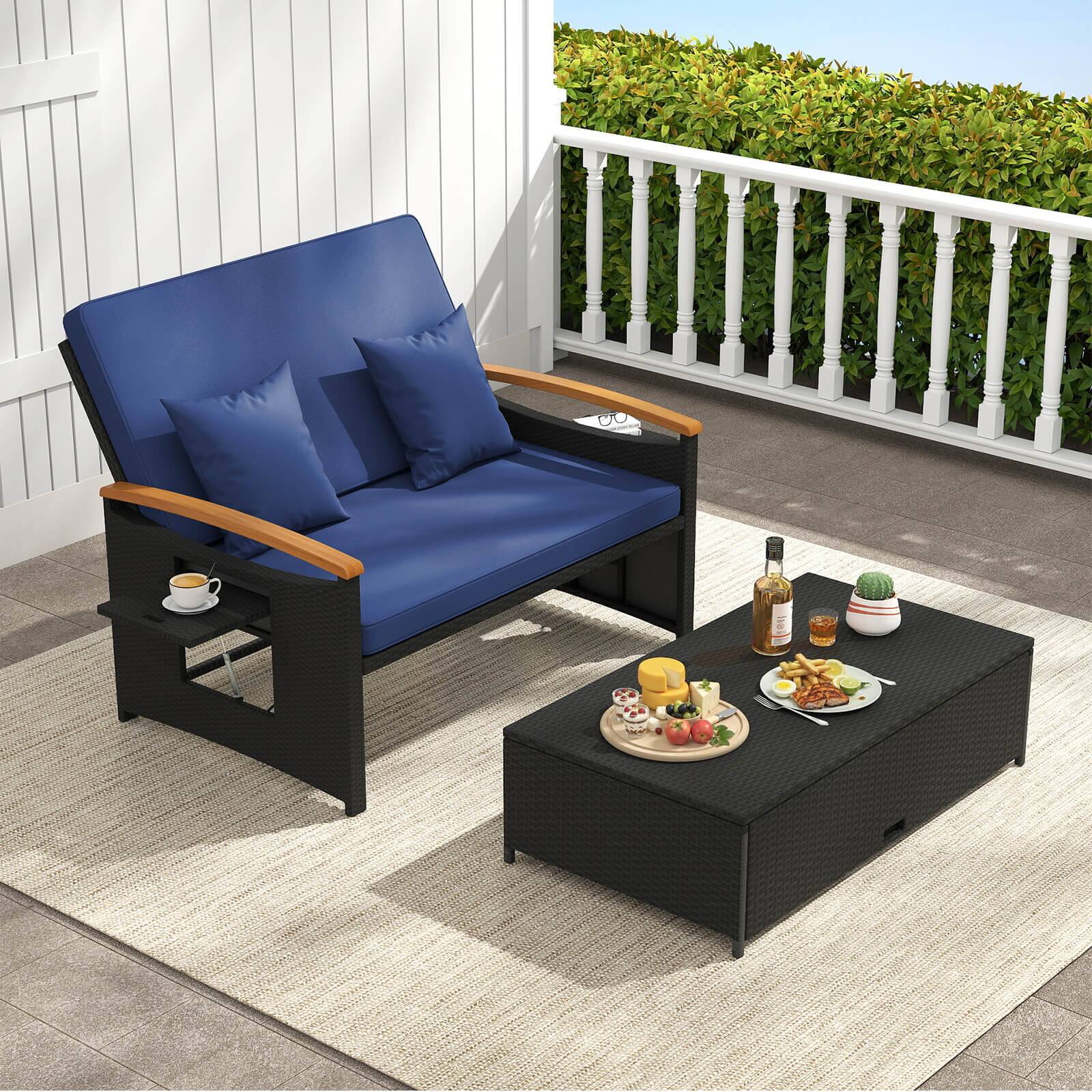 Alt View 1. Costway - Costway Patio Rattan Daybed Set with Cushioned Loveseat & Storage Ottoman for Porch - Navy + Black.