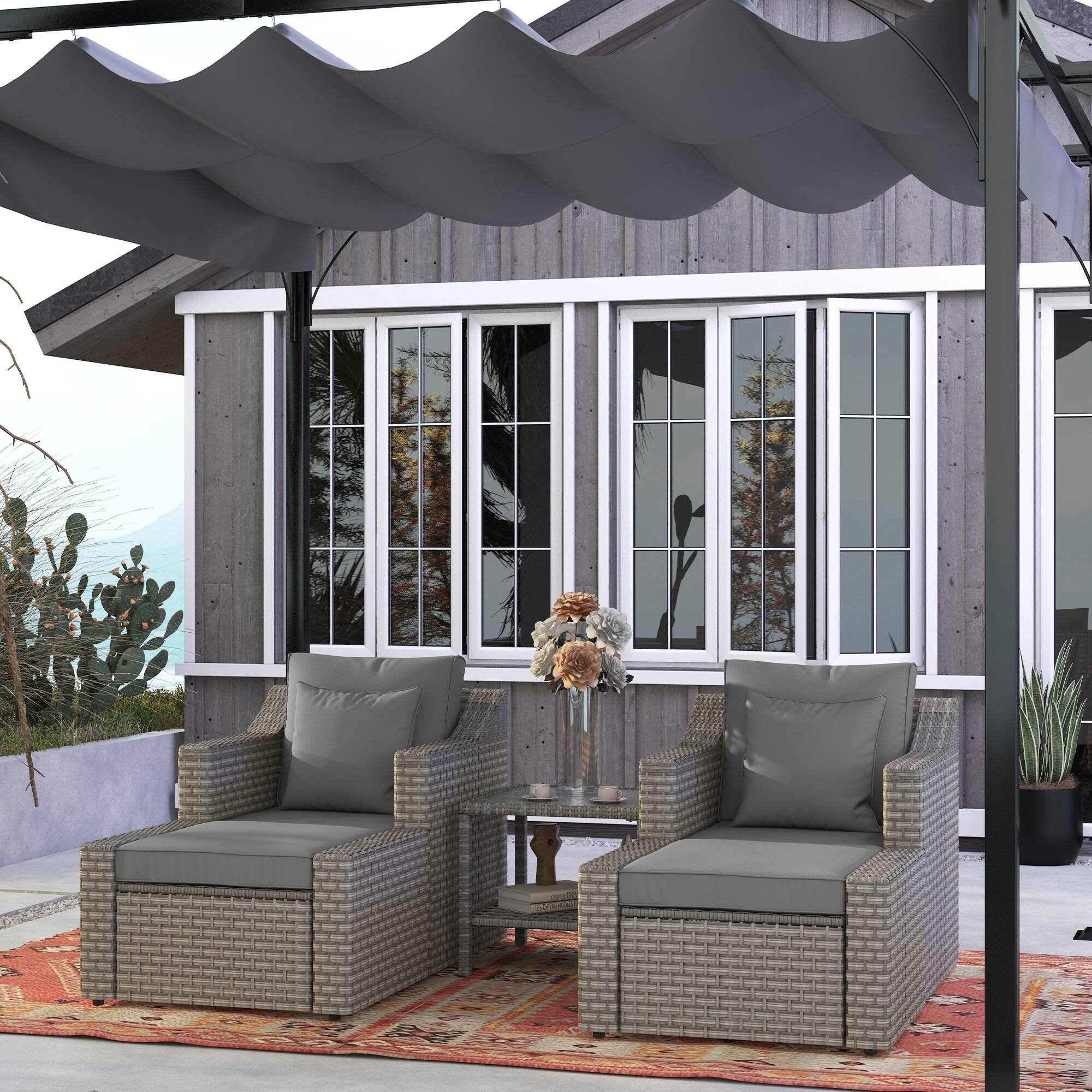 Alt View 1. Outsunny - 5 Piece Patio Furniture Set, All Weather PE Rattan Conversation Chair, and Ottoman Set with Coffee Table - Gray.