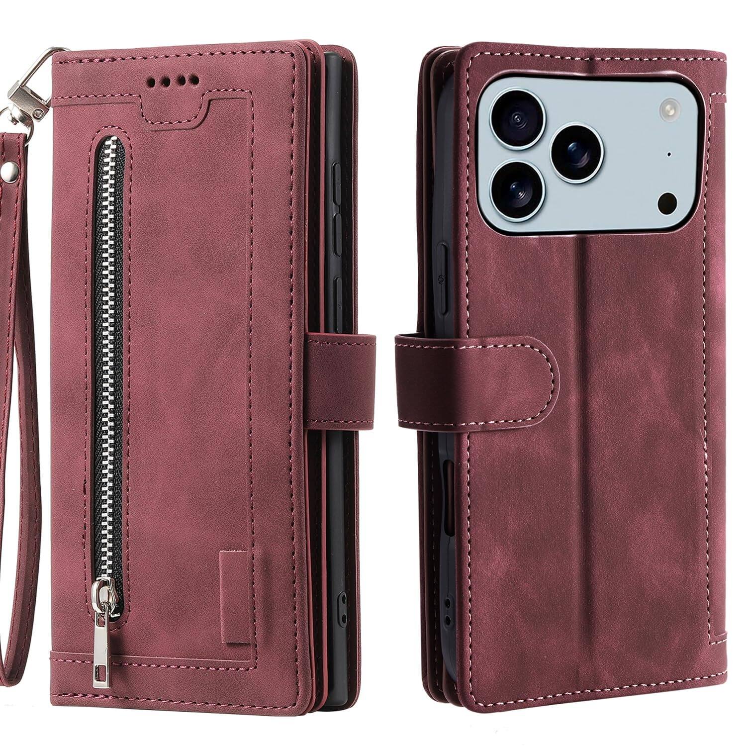 Angle. UUCOVER - Magnetic Flip Wallet Case for Apple iPhone 17 Pro Max with Card Cash Slots, Zipper Pocket and Wrist Strap, Stand Cover - Winered.