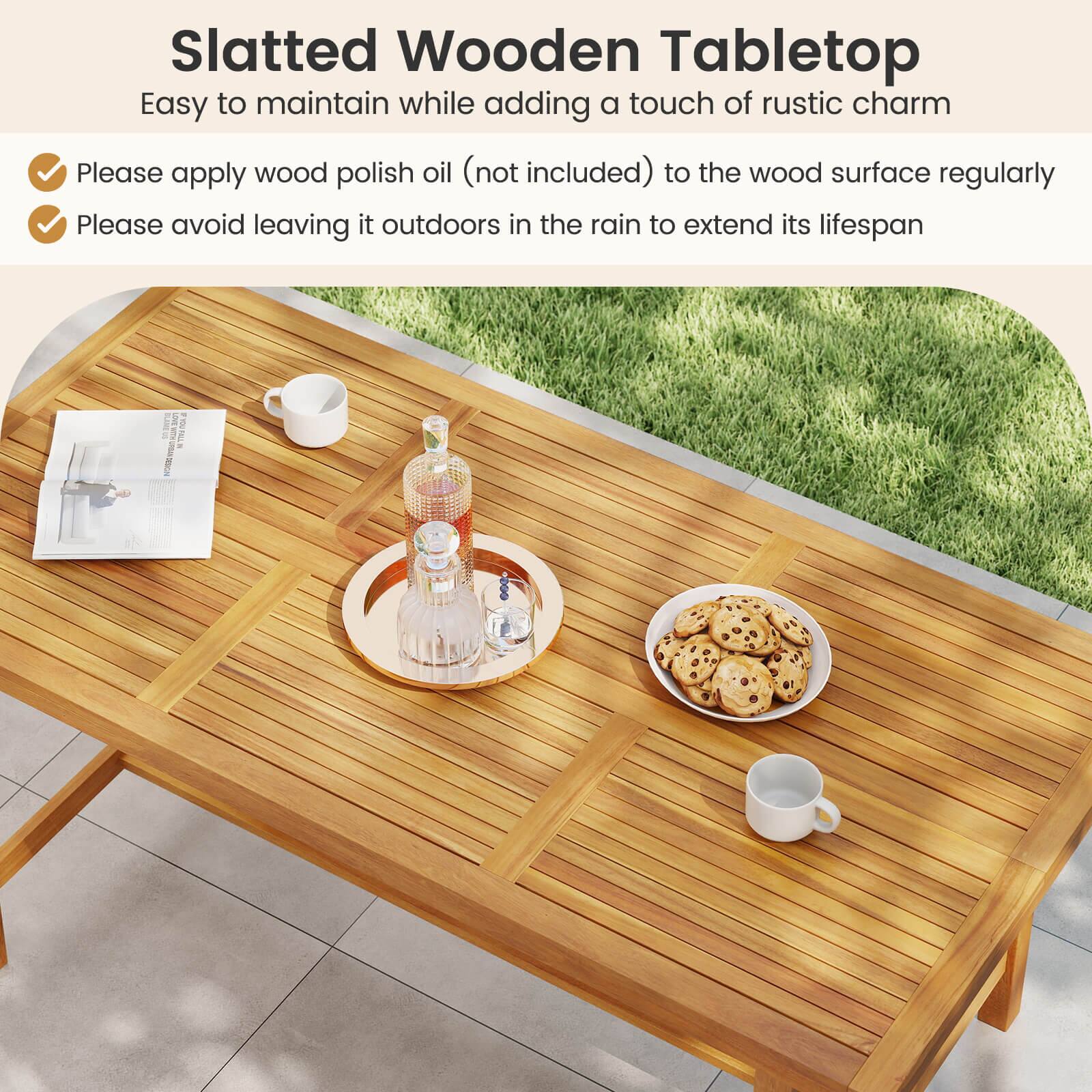 Slatted Wooden Tabletop  
Easy to maintain while adding a touch of rustic charm  

- Please apply wood polish oil (not included) to the wood surface regularly  
- Please avoid leaving it outdoors in the rain to extend its lifespan