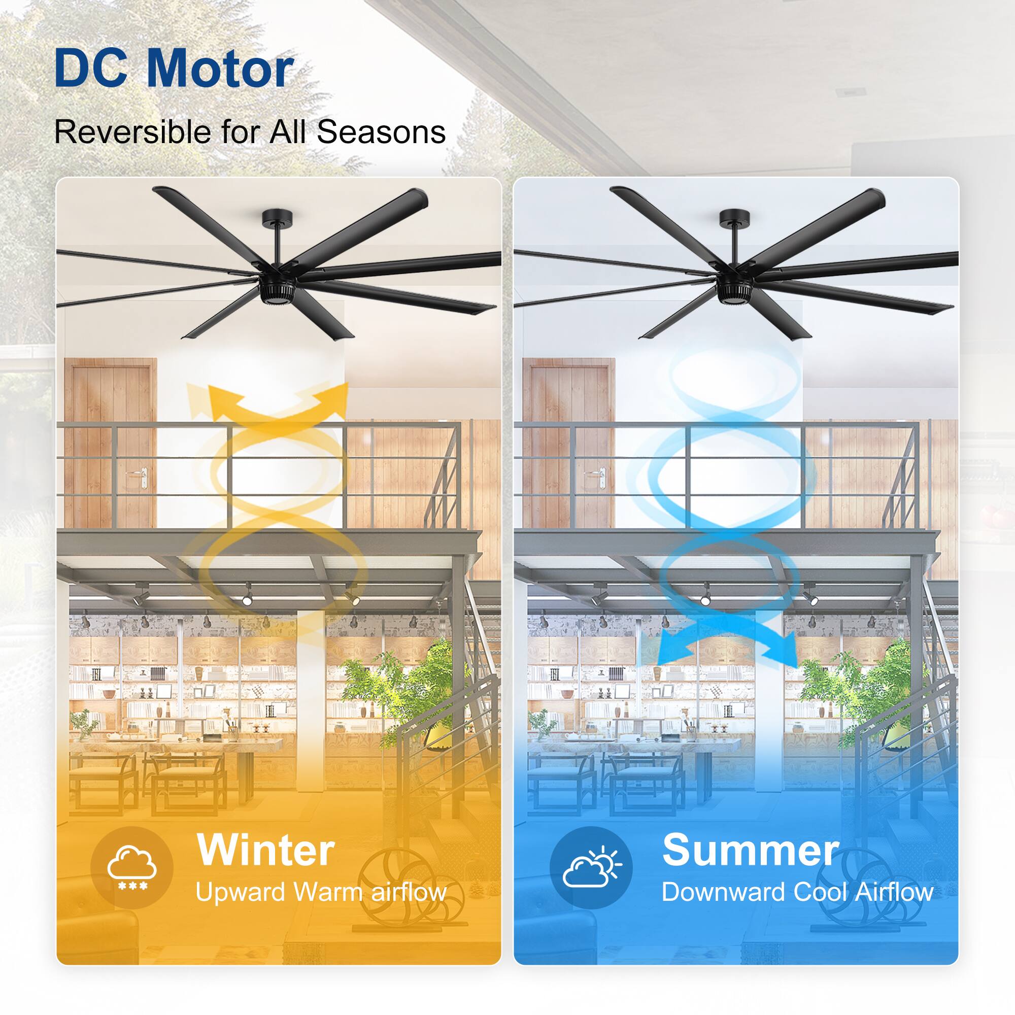 DC Motor  
Reversible for All Seasons  

Winter  
Upward Warm airflow  

Summer  
Downward Cool Airflow