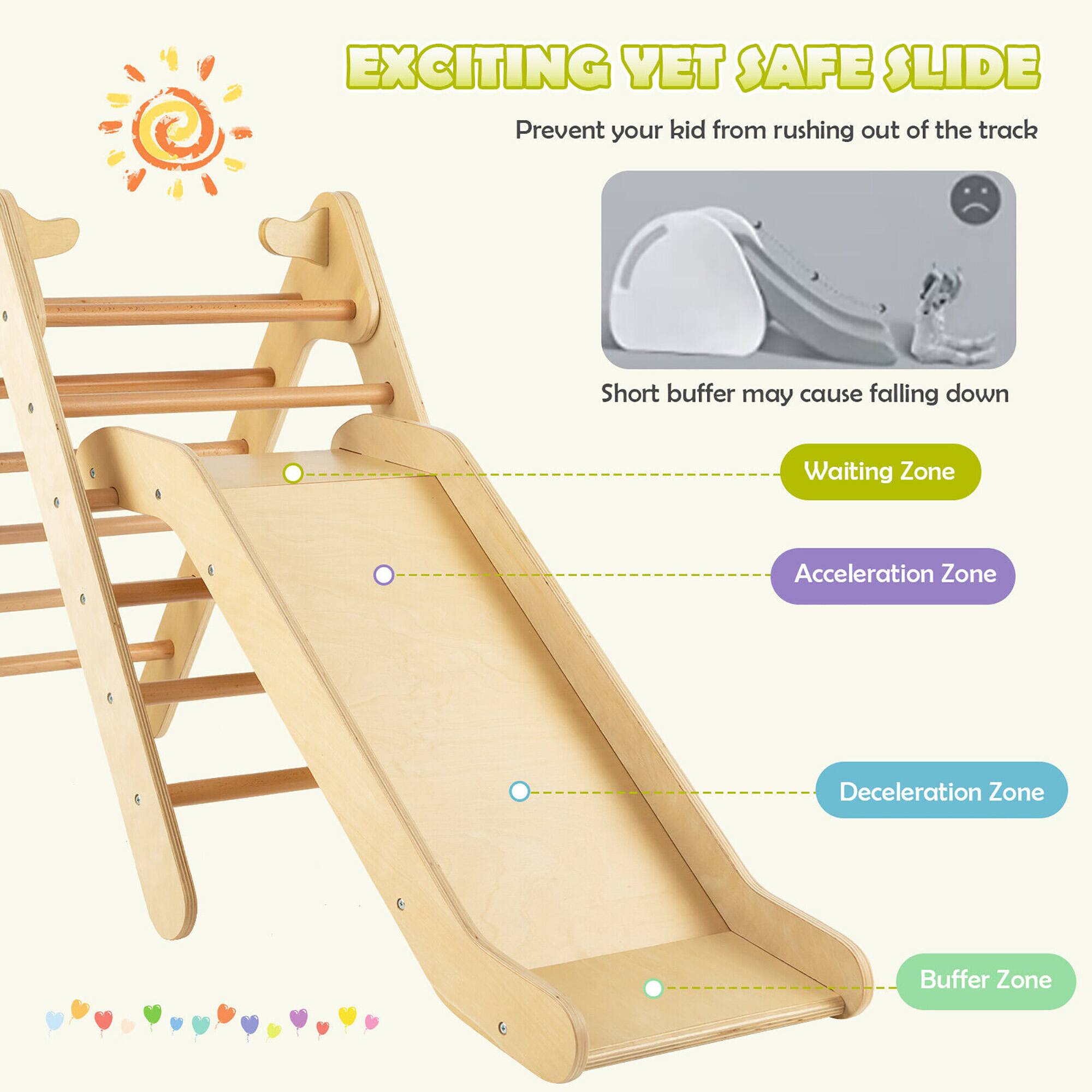 **EXCITING YET SAFE SLIDE**

Prevent your kid from rushing out of the track

- Waiting Zone
- Acceleration Zone
- Deceleration Zone
- Buffer Zone

Short buffer may cause falling down