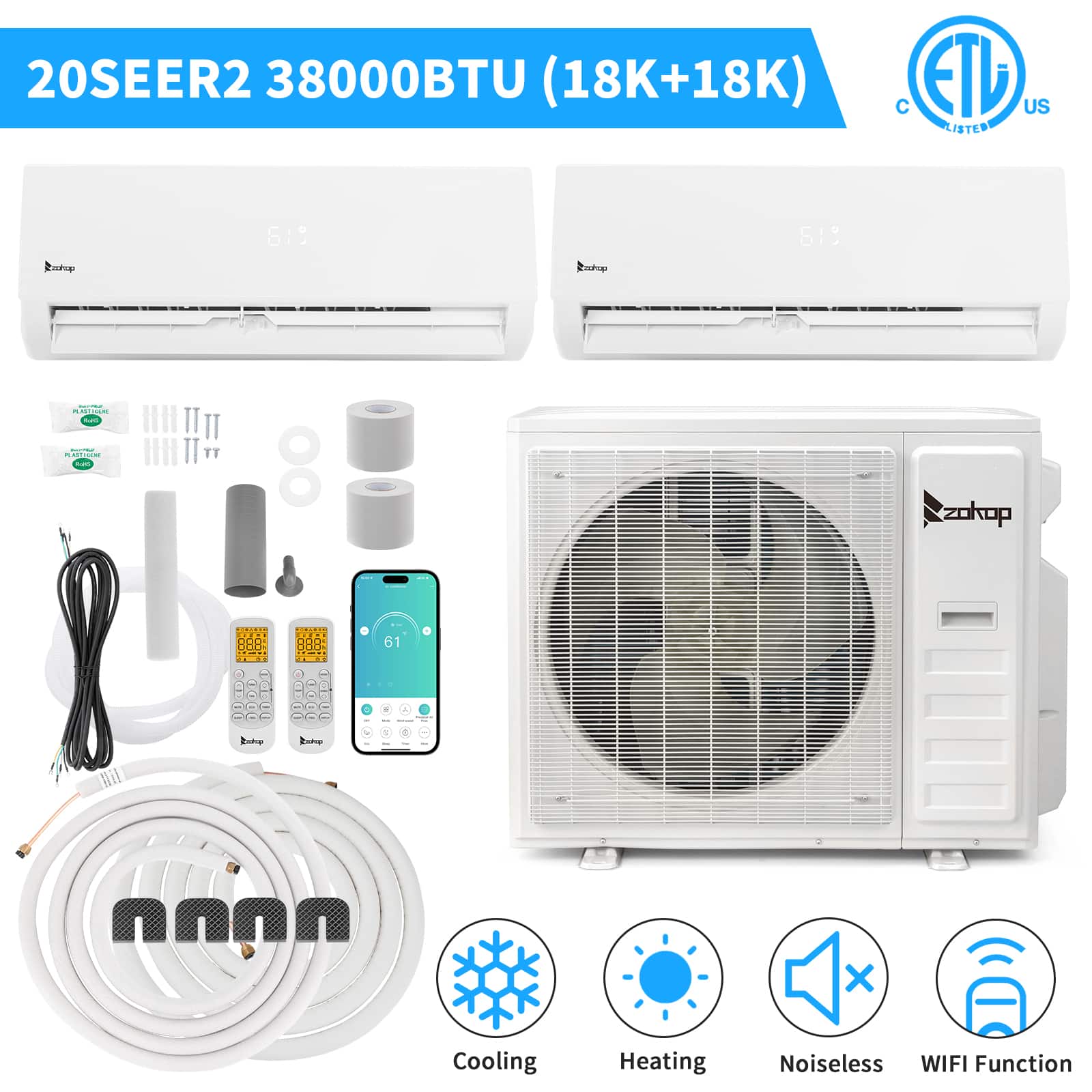 Winado - 38000 BTU Wifi 2 Zone 18K+ 18K AC Ductless Mini Split Air Conditioner & Heat Pump 20 SEER2 w/24.6 Ft Copper Line Set - White