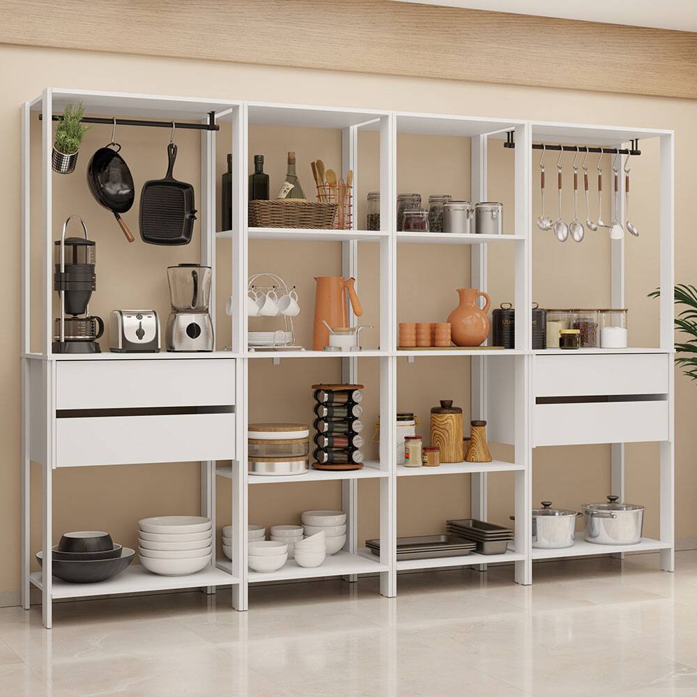 Madesa - Kitchen Pantry Storage Rack with 4 Drawers, Open Shelves and Hanging Spaces 102"L - White - White