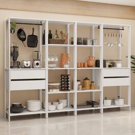 Madesa - Kitchen Pantry Storage Rack with 4 Drawers, Open Shelves and Hanging Spaces 102"L - White - White