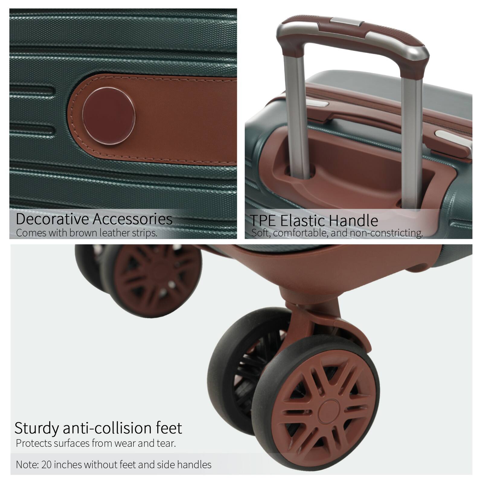 Decorative Accessories  
Comes with brown leather strips.

TPE Elastic Handle  
Soft, comfortable, and non-constricting.

Sturdy anti-collision feet  
Protects surfaces from wear and tear.

Note: 20 inches without feet and side handles