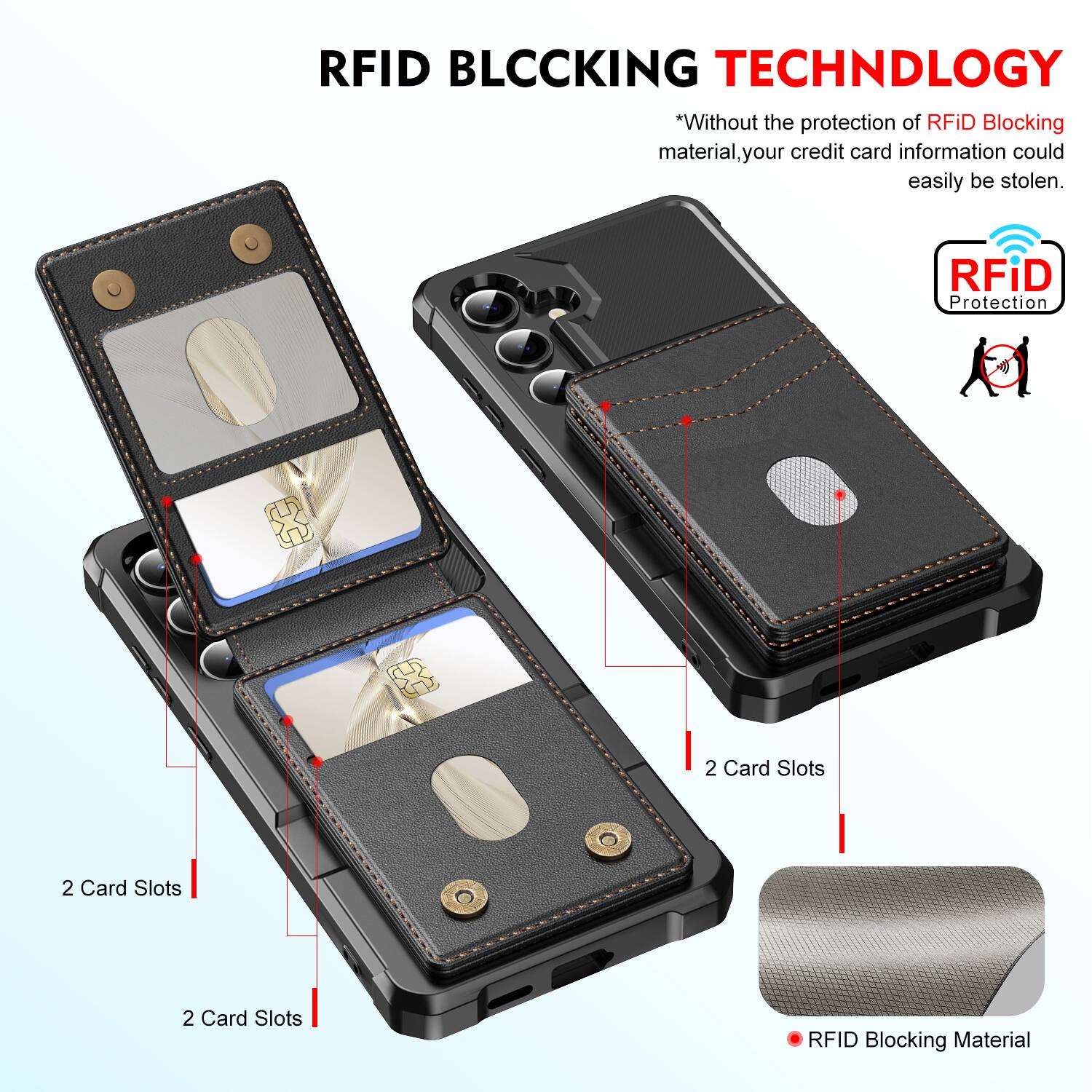RFID BLOCKING TECHNOLOGY

*Without the protection of RFID Blocking material, your credit card information could easily be stolen.

RFID Protection

2 Card Slots

2 Card Slots

2 Card Slots

RFID Blocking Material