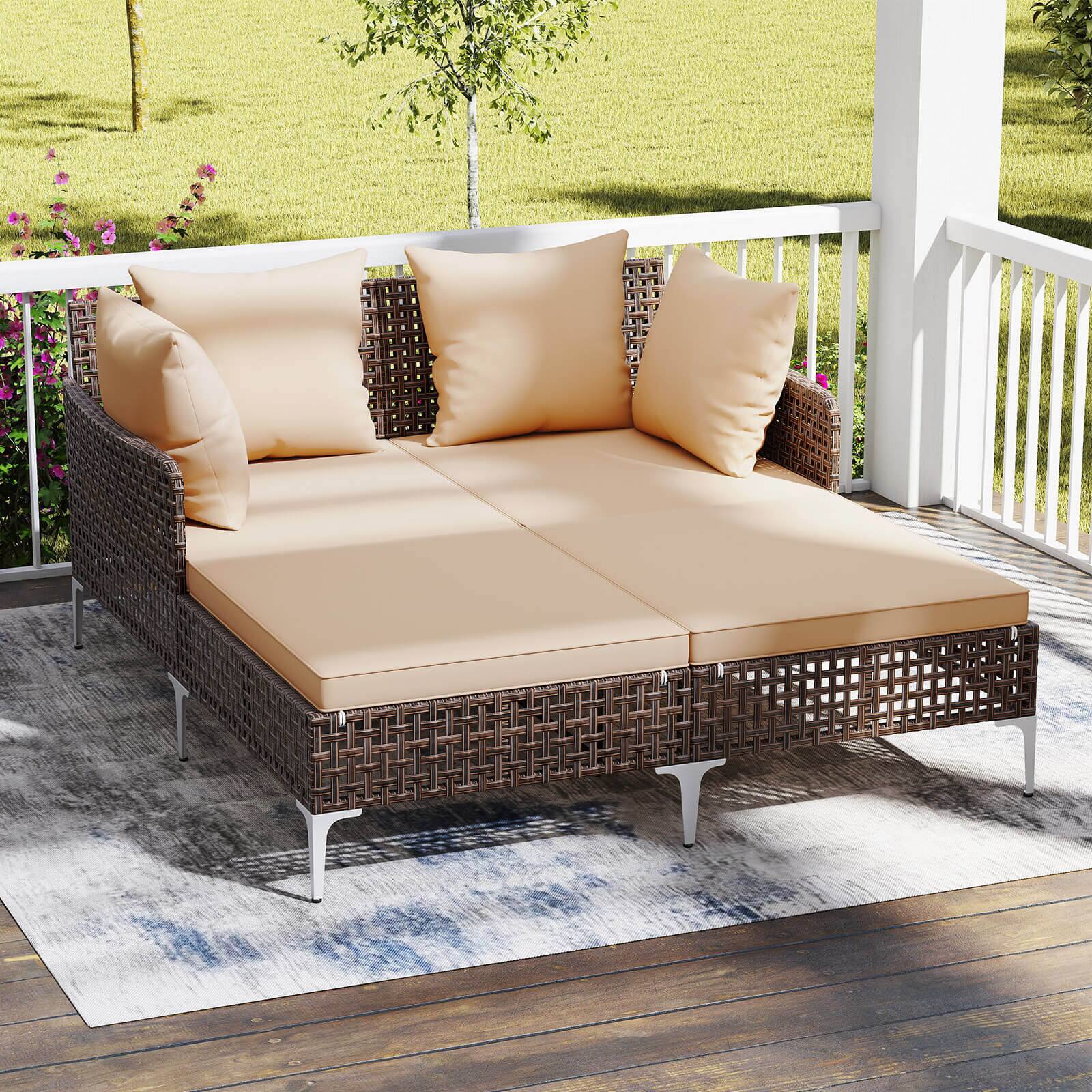 Alt View 1. Costway - Costway Outdoor Patio Daybed PE Rattan Sunbed with Sponged-Filled Pillows and Cushions - Brown.