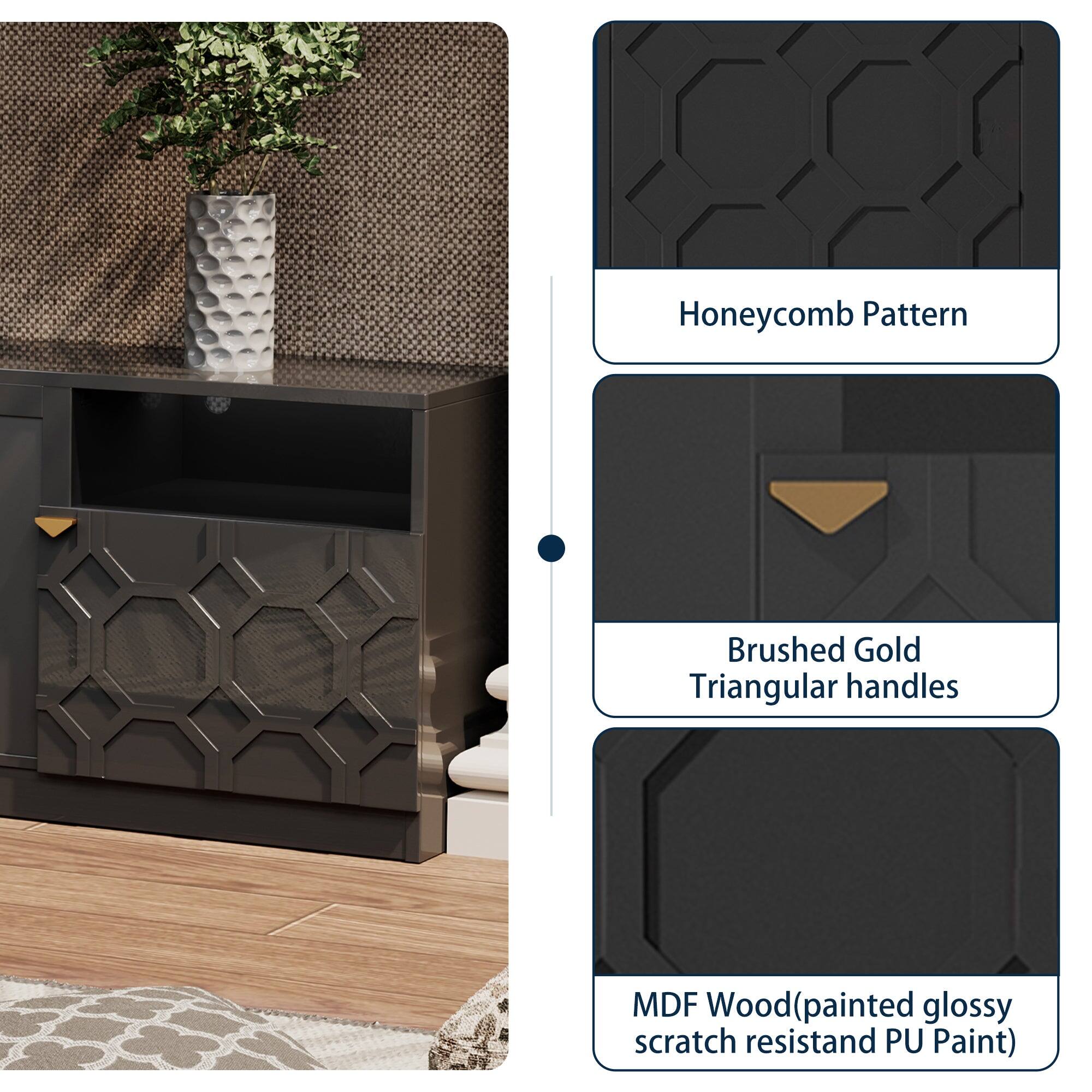 - Honeycomb Pattern
- Brushed Gold Triangular handles
- MDF Wood (painted glossy scratch resistant PU Paint)