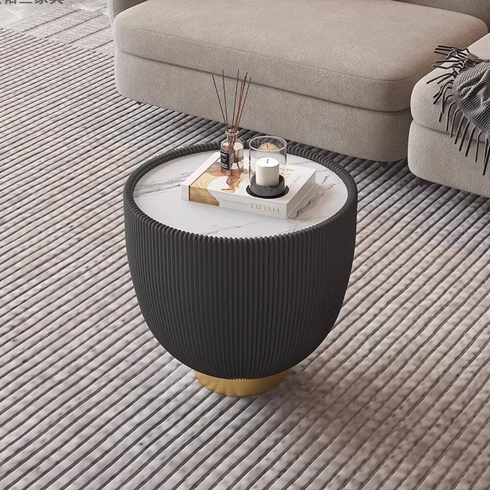 Front. Loheer - Loheer Modern Round Sintered Stone End Table Leather Edge Metal Base Sofa Side Table for Living Room - Grey.
