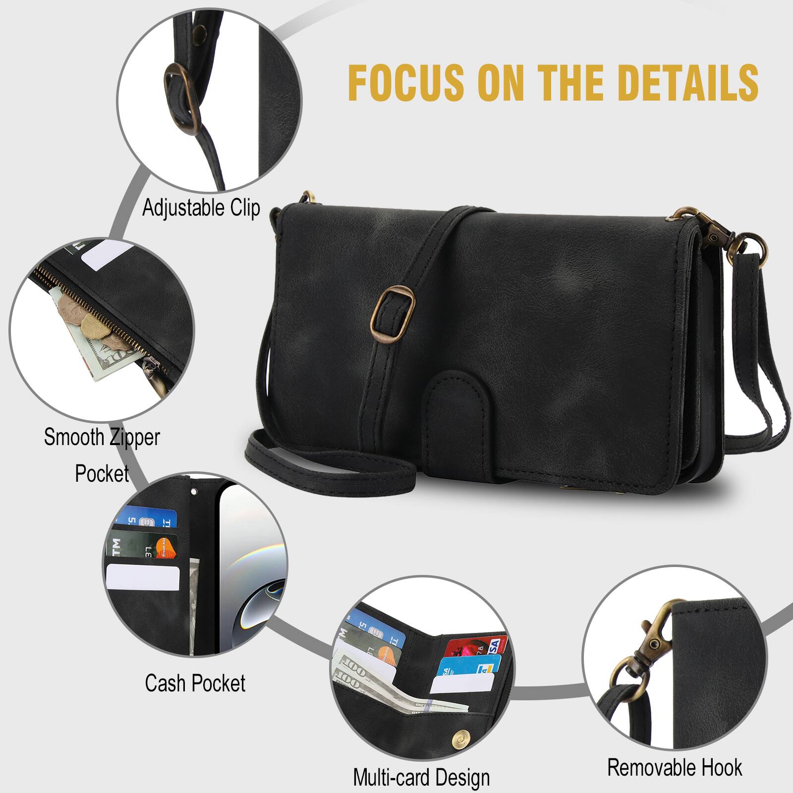 FOCUS ON THE DETAILS

Adjustable Clip
Smooth Zipper Pocket
Cash Pocket
Multi-card Design
Removable Hook