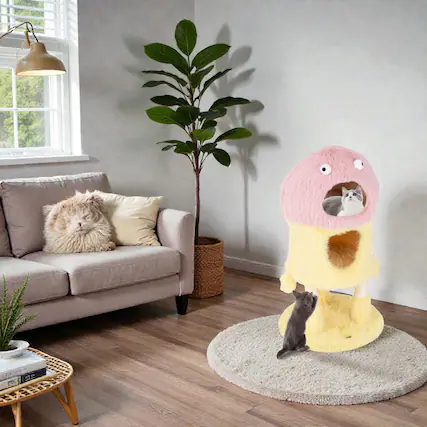 Front. BreeBe - Adorable Monster-Style Cat Tree with Two Hideouts and Three-Level Play Tower - Yellow.