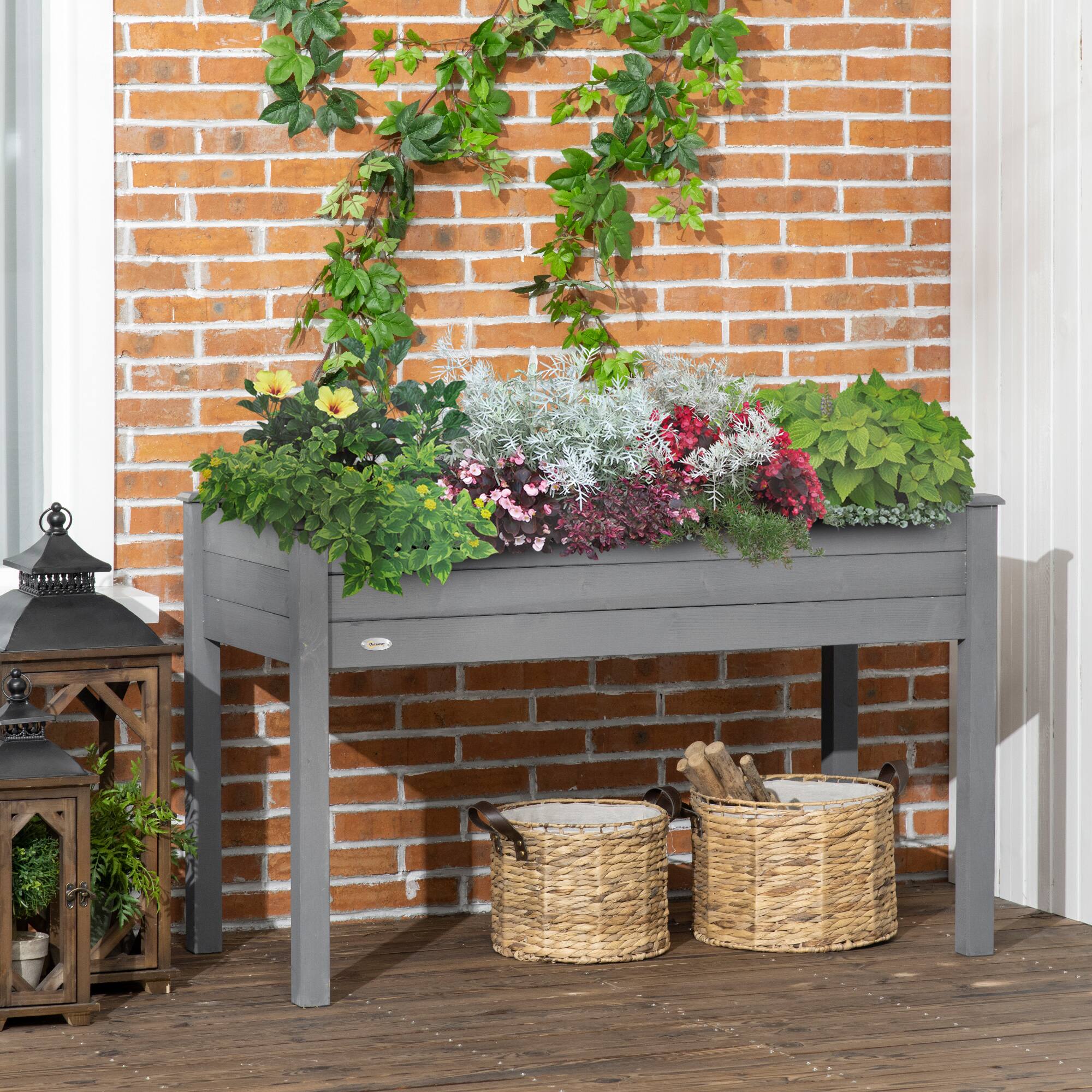 Alt View 1. Outsunny - Raised Garden Bed, Elevated Wooden Planter Box with Holes for Vegetables, Herb, Flowers for Backyard - Dark Gray.