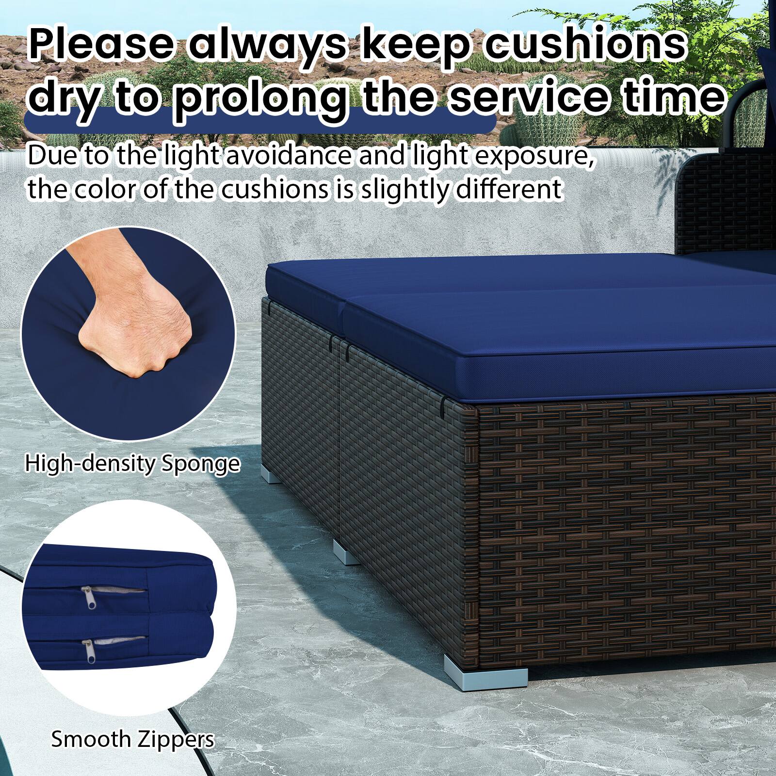 Please always keep cushions dry to prolong the service time. Due to the light avoidance and light exposure, the color of the cushions is slightly different.

High-density Sponge  
Smooth Zippers