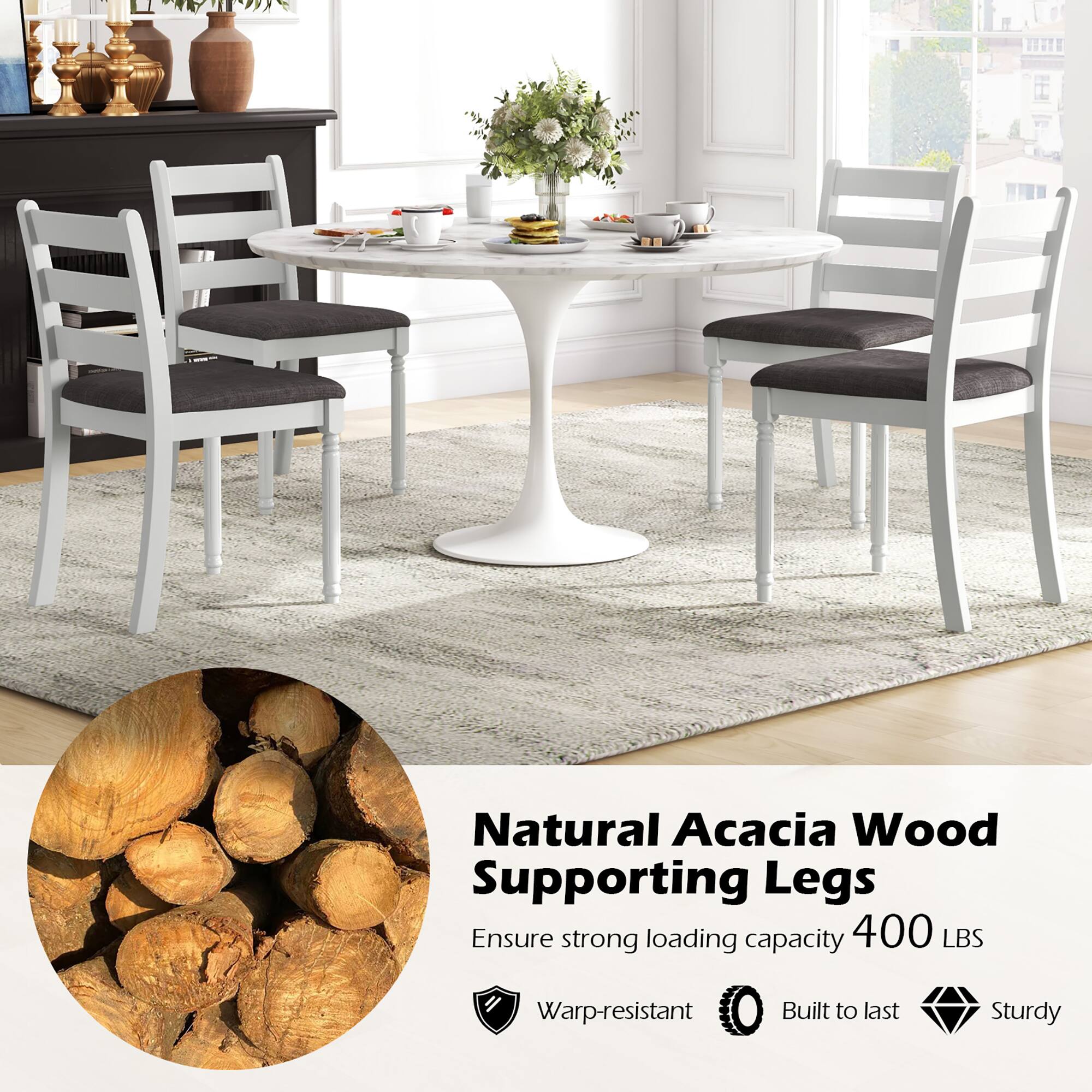 Natural Acacia Wood Supporting Legs  
Ensure strong loading capacity 400 LBS  
Warp-resistant  
Built to last  
Sturdy