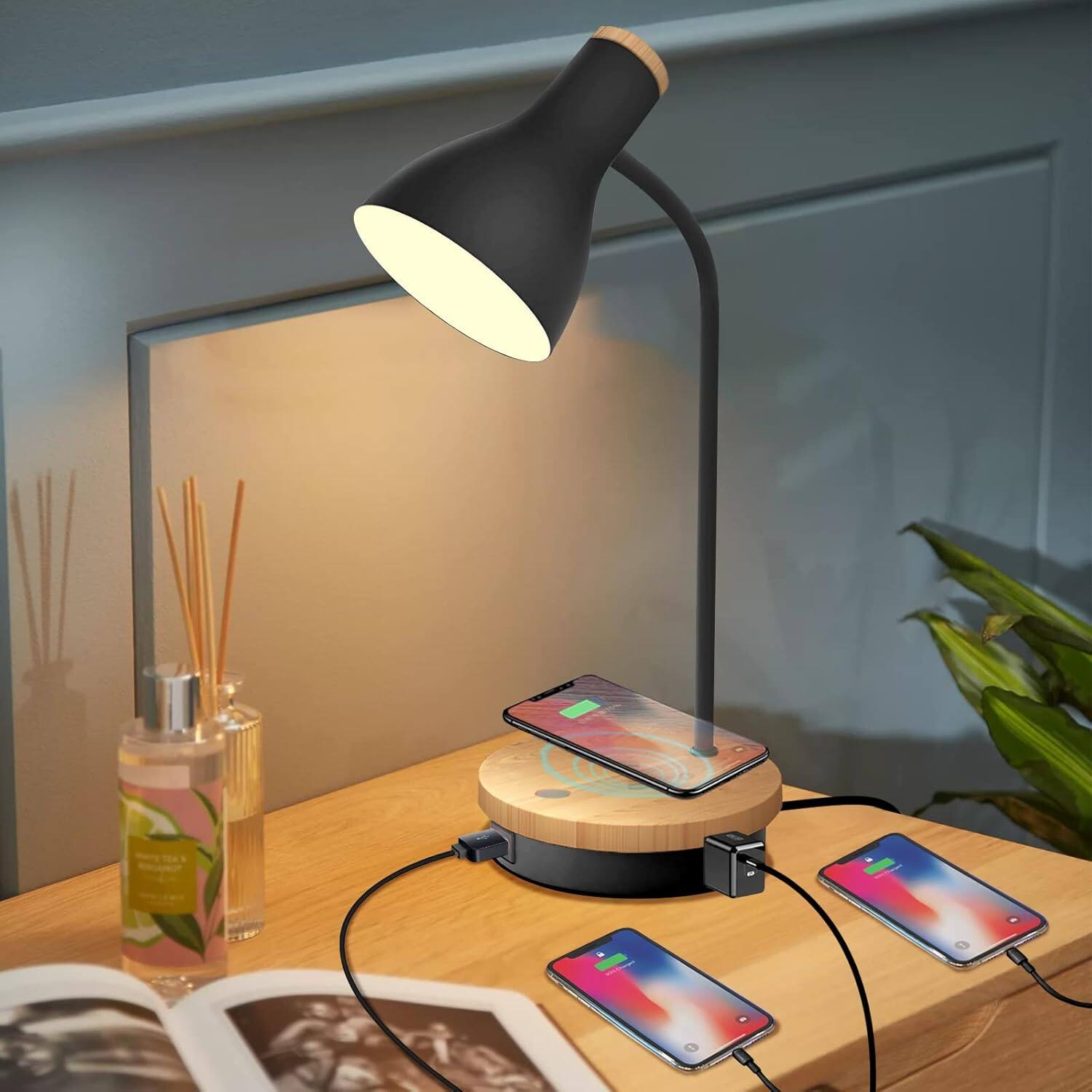 Left. Dazzed Corner - Metal Desk Lamp with Wireless Charging, Touch 3-Way Dimming, USB - Black.