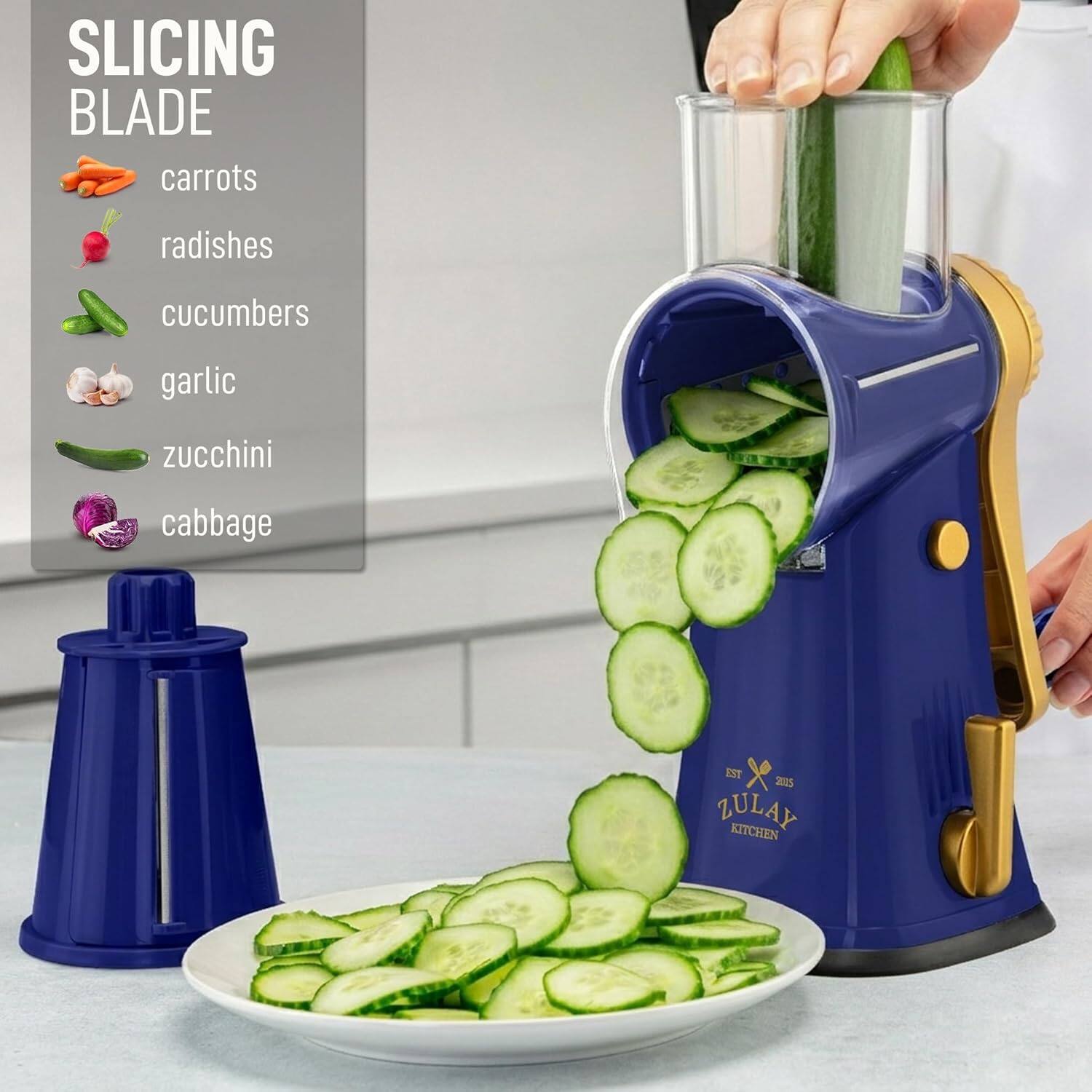 SLICING BLADE  
carrots  
radishes  
cucumbers  
garlic  
zucchini  
cabbage  

BT 205  
ZULAY KITCHEN