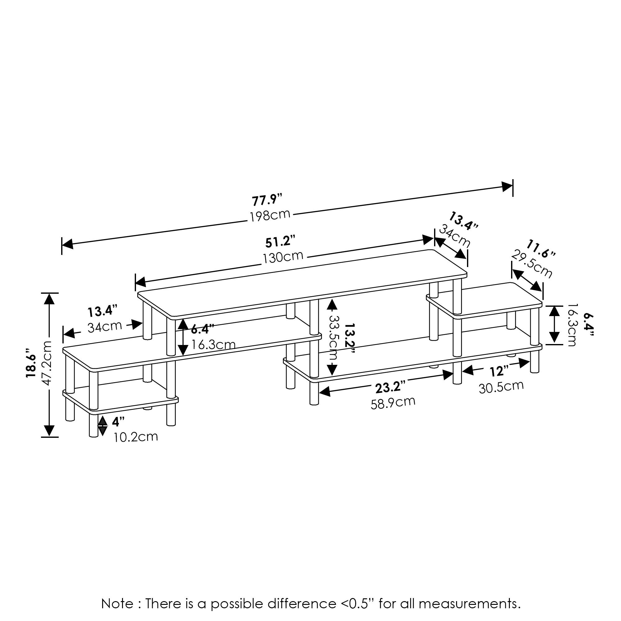 18.6" 47.2cm  
13.4" 34cm  
4" 10.2cm  
77.9" 198cm  
51.2" 130cm  
6.4" 16.3cm  
13.4" 34cm  
11.6" 29.5cm  
16.3cm 6.4"  
33.5cm 12"  
23.2" 58.9cm  
30.5cm  
Note: There is a possible difference <0.5" for all measurements.