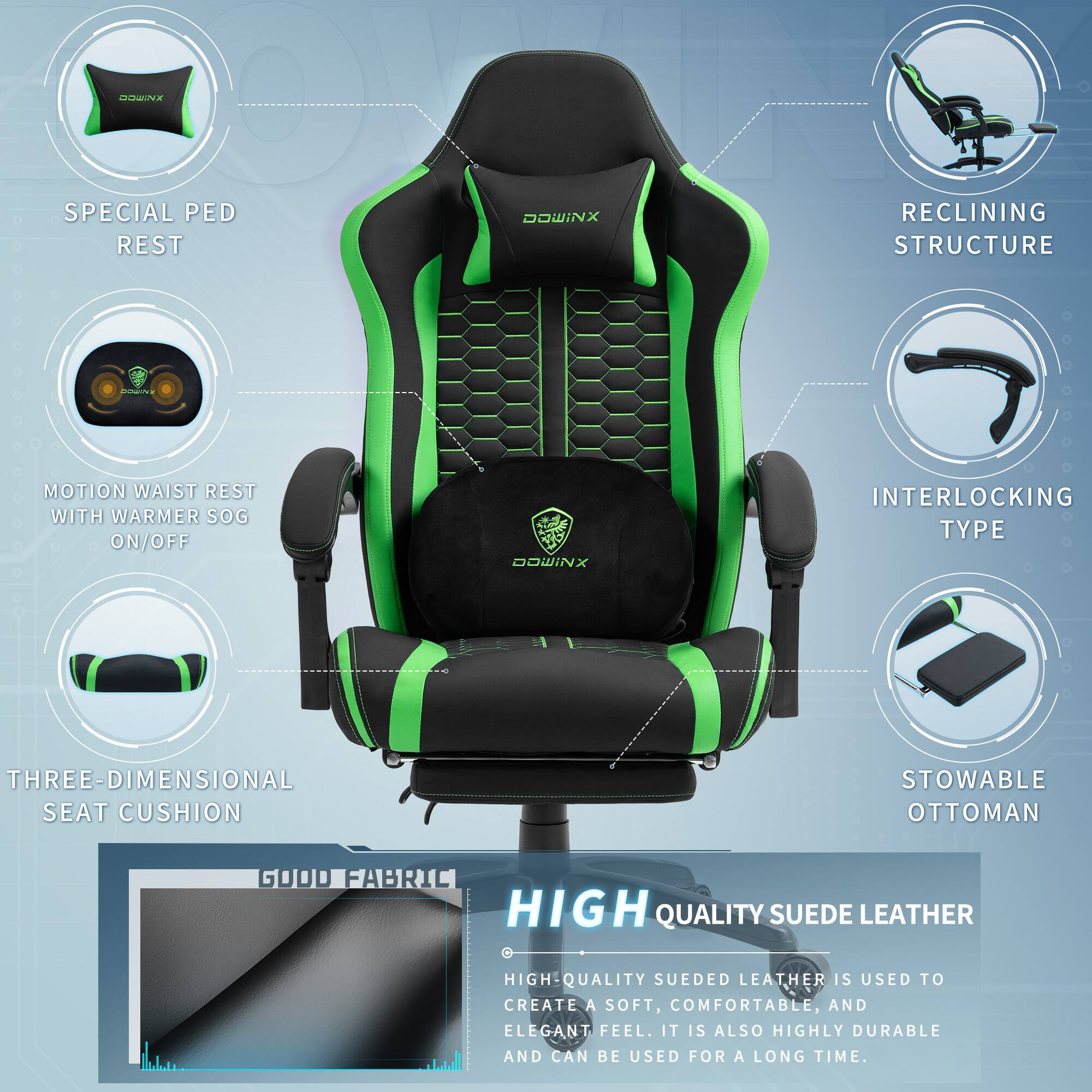 RNveRE O SPECIAL PED DOWINX RECLINING REST STRUCTURE MOTION WAIST REST WITH WARMER SOG ON/OFF DOWINX INTERLOCKING TYPE THREE-DIMENSIONAL SEAT CUSHION STOWABLE OTTOMAN GOOD FABRIC HIGH QUALITY SUEDE LEATHER

HIGH-QUALITY SUEDED LEATHER IS USED TO CREATE A SOFT, COMFORTABLE, AND ELEGANT FEEL. IT IS ALSO HIGHLY DURABLE AND CAN BE USED FOR A LONG TIME.