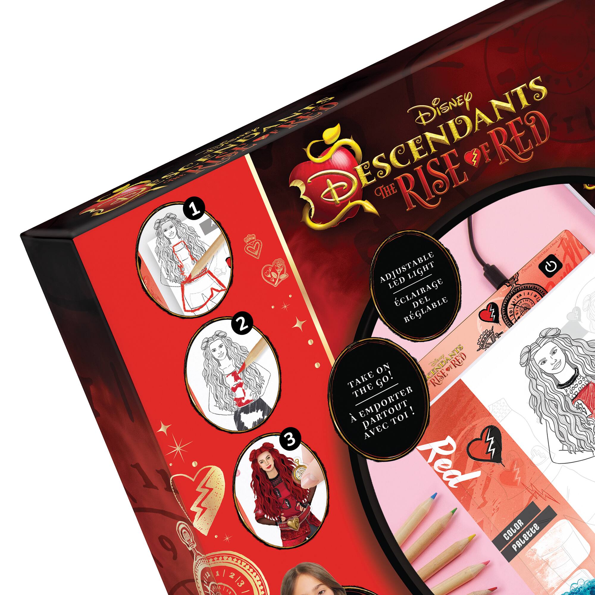 The image features a box of Disney Descendants Rise of Red art supplies. The box contains a color palette, a pencil, and a booklet with instructions on how to use the supplies. The box is designed to be adjustable, allowing for various levels of difficulty. The supplies are intended for children to use and enjoy while creating their own artwork.