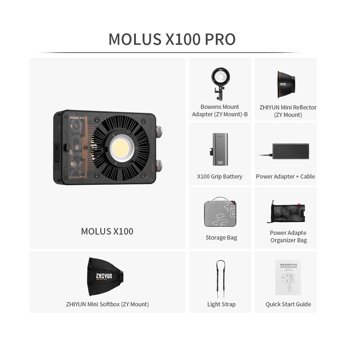 MOLUS X100 PRO Bowens Mount ZHIYUN Mini Reflector Adapter (ZY Mount)-B (ZY Mount) X100 Grip Battery Power Adapter + Cable MOLUS X100 Storage Bag Power Adapte Organizer Bag EN ZHIYUN ZHIYUN Mini Softbox (ZY Mount) Light Strap Quick Start Guide