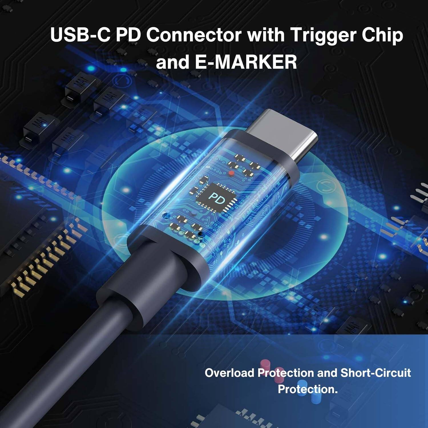 USB-C PD Connector with Trigger Chip and E-MARKER
Overload Protection and Short-Circuit Protection.
