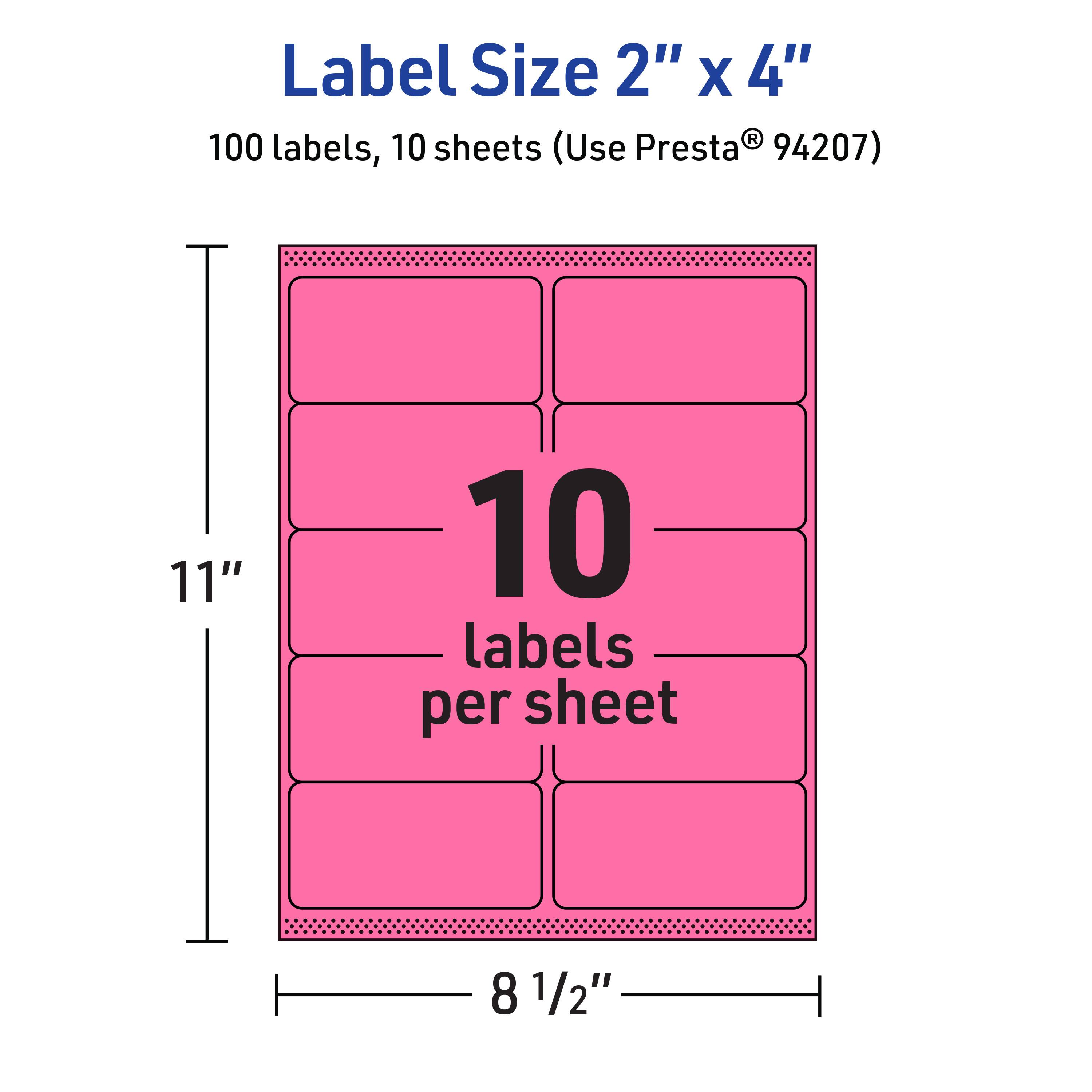Label Size 2" x 4"  
100 labels, 10 sheets (Use Presta® 94207)  
11"  
10 labels per sheet  
8 1/2"