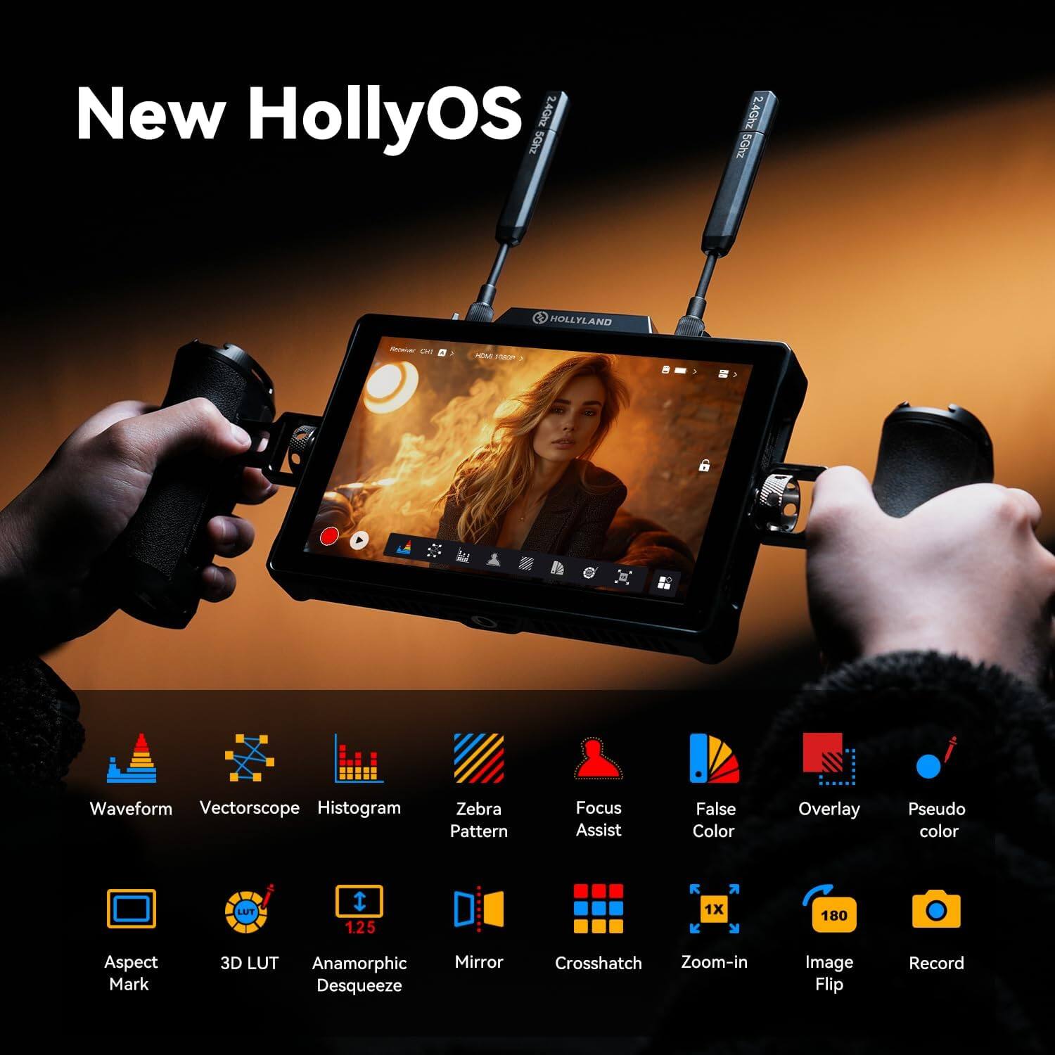 New HollyOS 2.40hz 5Ghz 24Ghz 5Ghz HOLLYLAND - EM M FA Waveform Vectorscope Histogram Zebra Pattern Focus Assist False Color Overlay Pseudo color LUT I 125 1X 180 Aspect Mark 3D LUT Anamorphic Desqueeze Mirror Crosshatch Zoom-in Image Flip Record