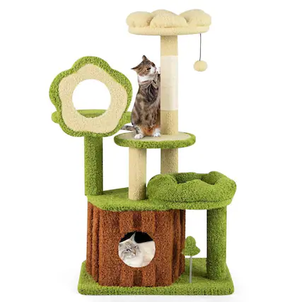 Front. Kadyn - Cute Multi-Level Cat Tree for Adult Cats with Trunk Condo, Green - Green.