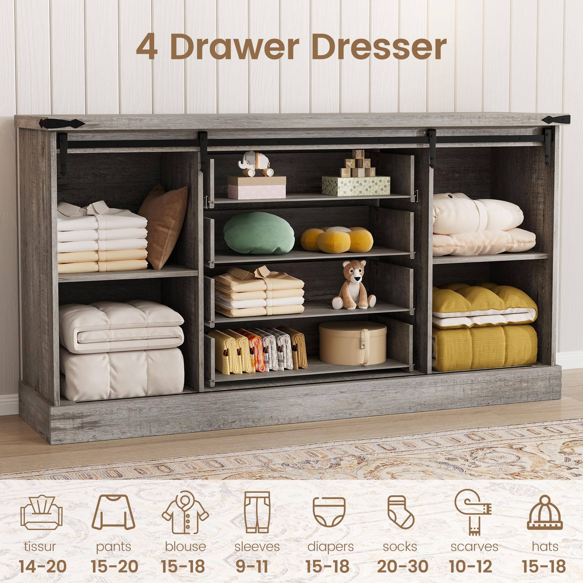 4 Drawer Dresser

tissur 14-20  
pants 15-20  
blouse 15-18  
sleeves 9-11  
diapers 15-18  
socks 20-30  
scarves 10-12  
hats 15-18