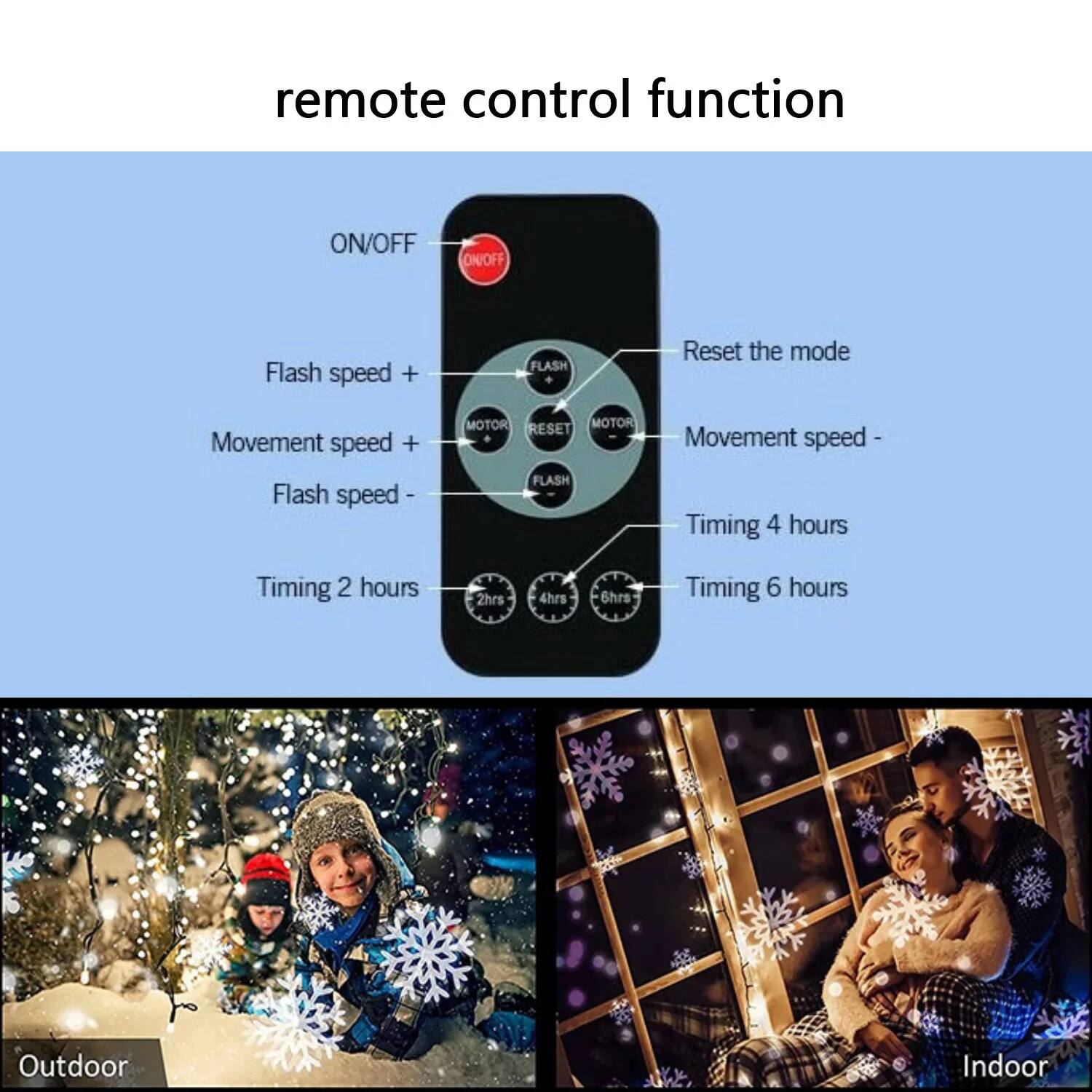 remote control function

- ON/OFF
- Flash speed +
- Movement speed +
- Flash speed -
- Reset the mode
- Movement speed -
- Timing 2 hours
- Timing 4 hours
- Timing 6 hours

Outdoor
Indoor