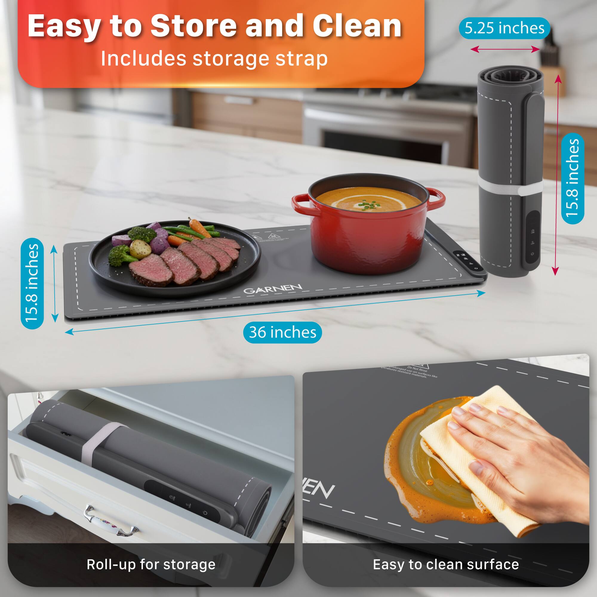 Easy to Store and Clean  
Includes storage strap  

5.25 inches  
15.8 inches  
36 inches  

Roll-up for storage  
Easy to clean surface