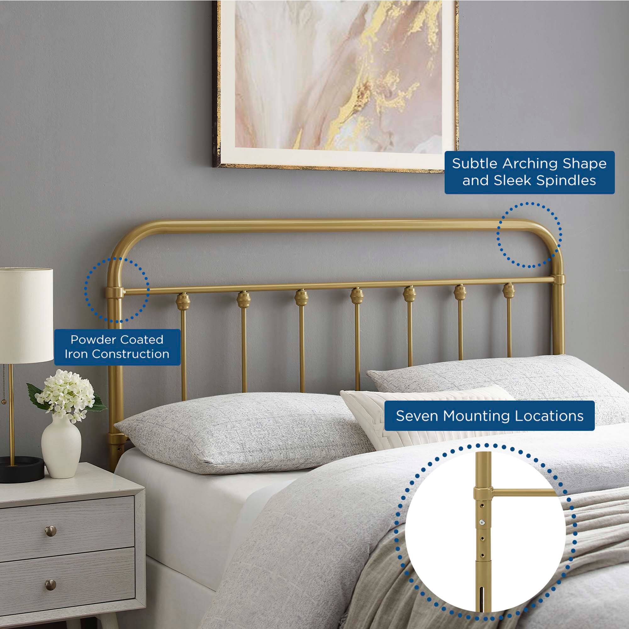 - Subtle Arching Shape and Sleek Spindles
- Powder Coated Iron Construction
- Seven Mounting Locations