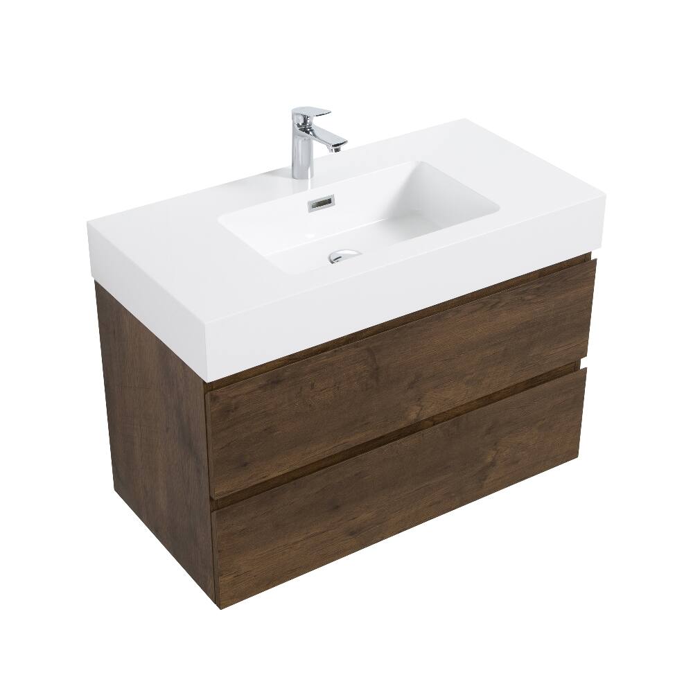 Alt View 1. Loheer - Loheer 36 inch walnut bathroom vanity wall mounted floating vanity with white sink basin pre-assembled - White+Walnut.