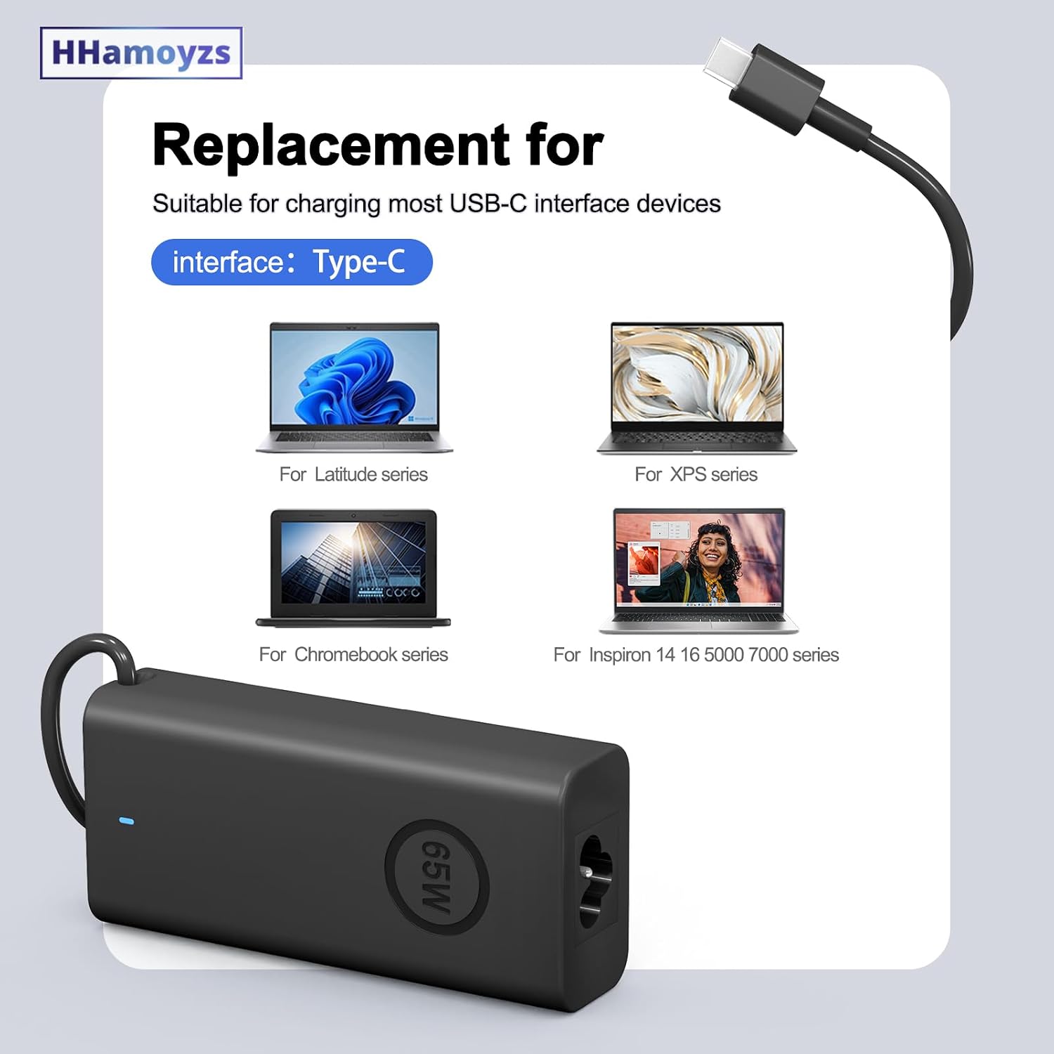 HHamoyzs Replacement for Suitable for charging most USB-C interface devices interface: Type-C For Latitude series For XPS series For Chromebook series For Inspiron 14 16 5000 7000 series 65W
