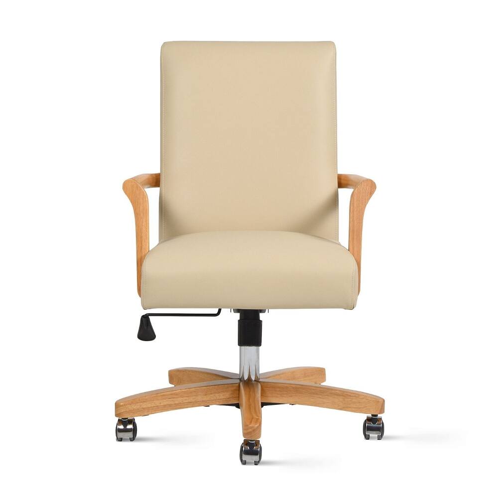 Back. Loheer - Loheer Farmhouse Office Chair, Cream Beige Leather High Back Executive Desk Chair with Wood Swivel Base - Cream Beige.