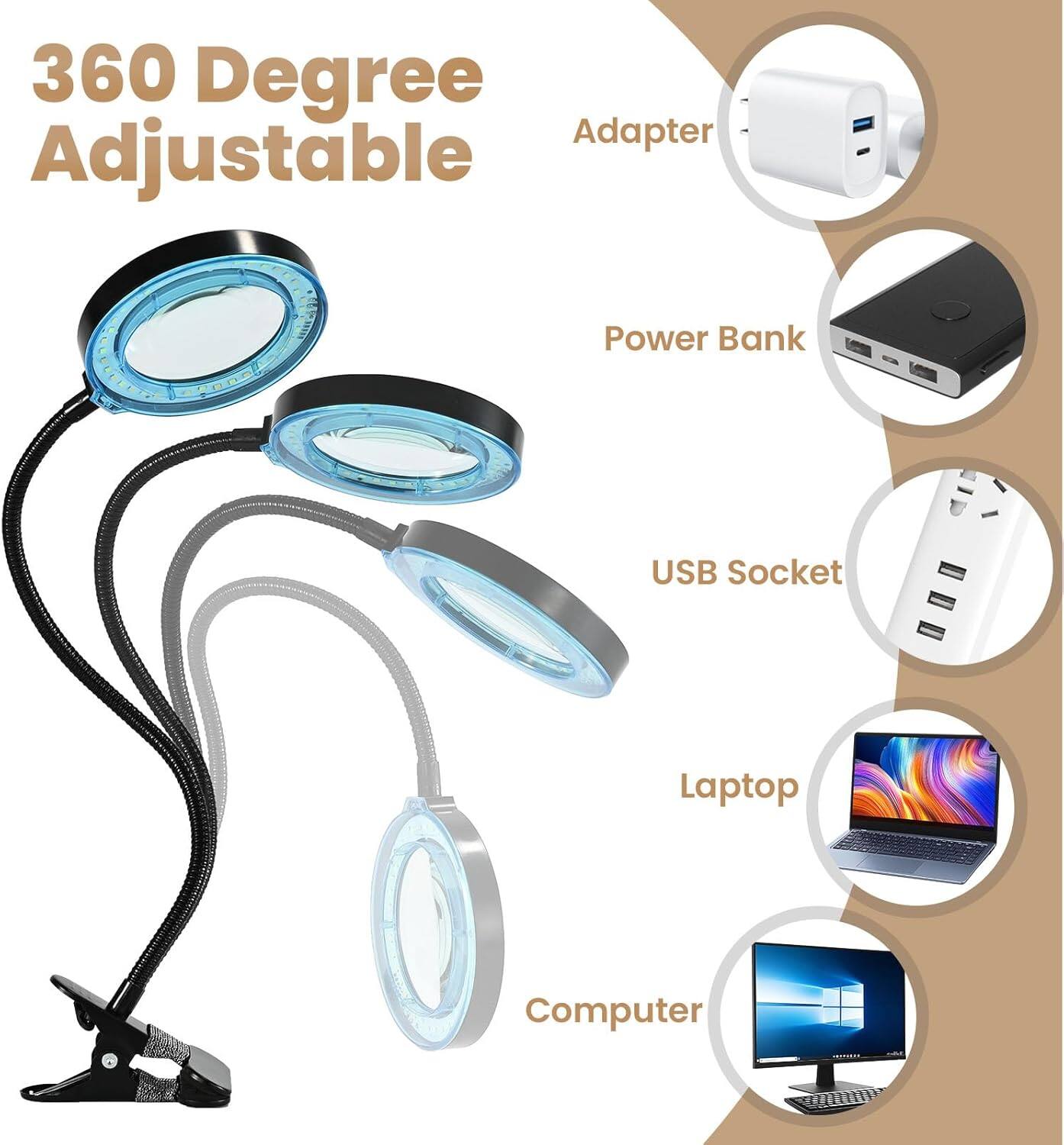 360 Degree Adjustable

Adapter

Power Bank

USB Socket

Laptop

Computer