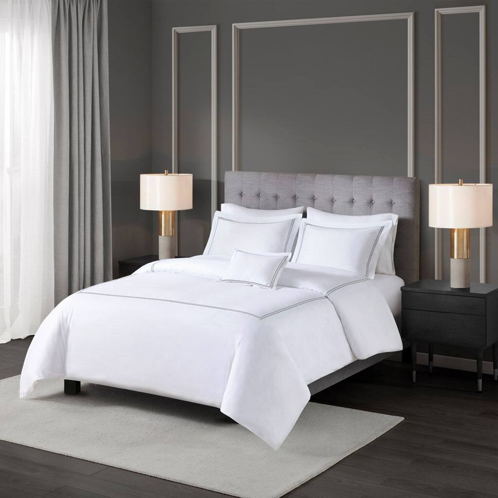 Alt View 1. Gracie Mills - Gracie Mills Mooney 500 Thread Count Embroidered Cotton Sateen Duvet Cover Set - White/Grey.