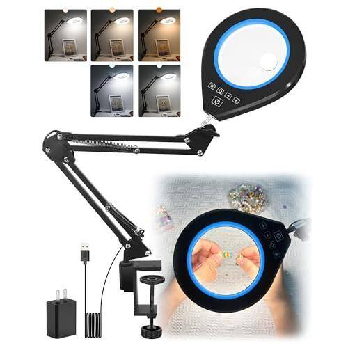 Pacoar Cade - Lighted Magnifying & With Light Magnifier Lamp Level Brightness And Color Mode Desk Clamp For Craft Painting Workbench - Blue