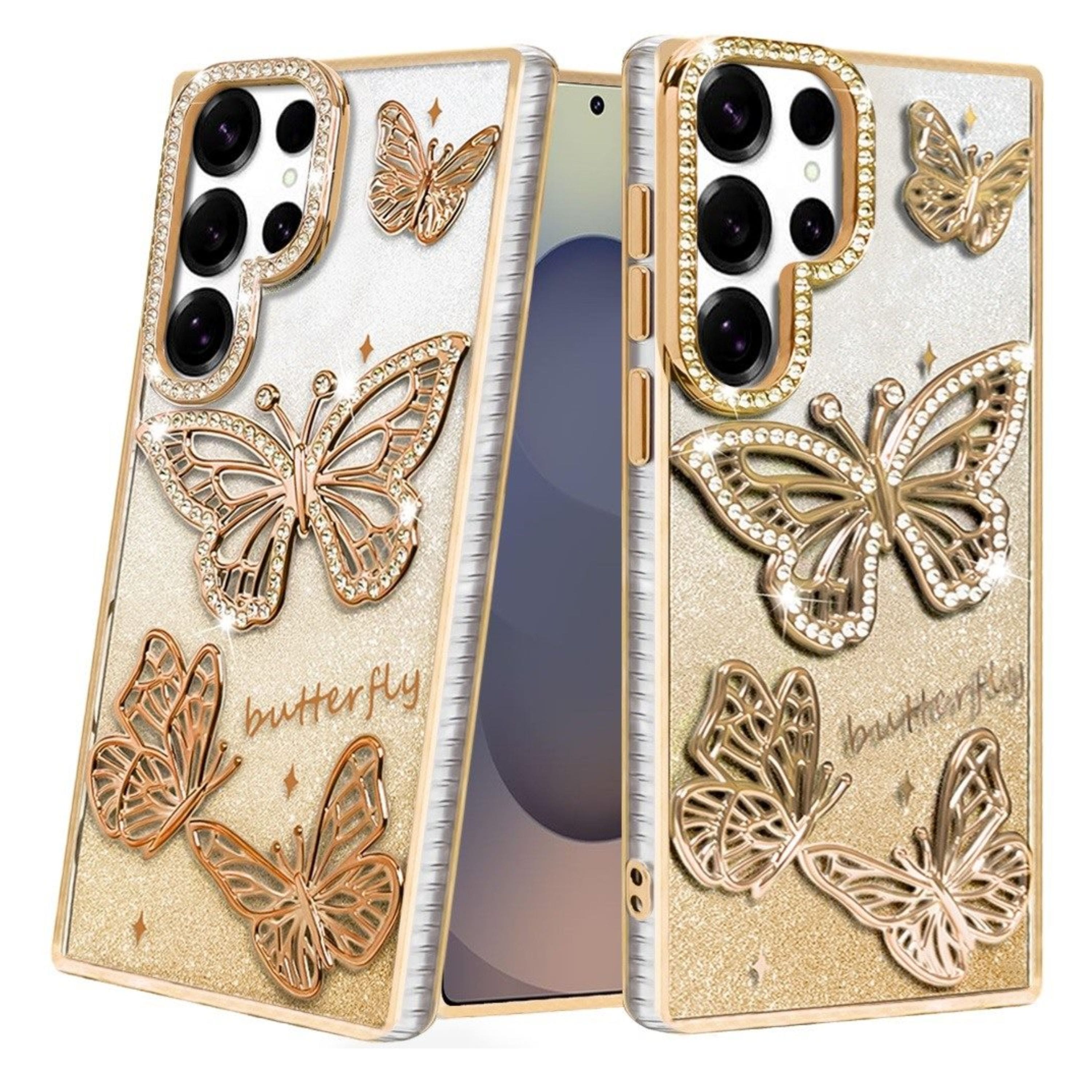 Kitcheniva - 3D Butterflies Glitter Design Phone Case With Tempered Glass For Samsung Galaxy S25 Ultra - Gold price history on PriceWatchPro