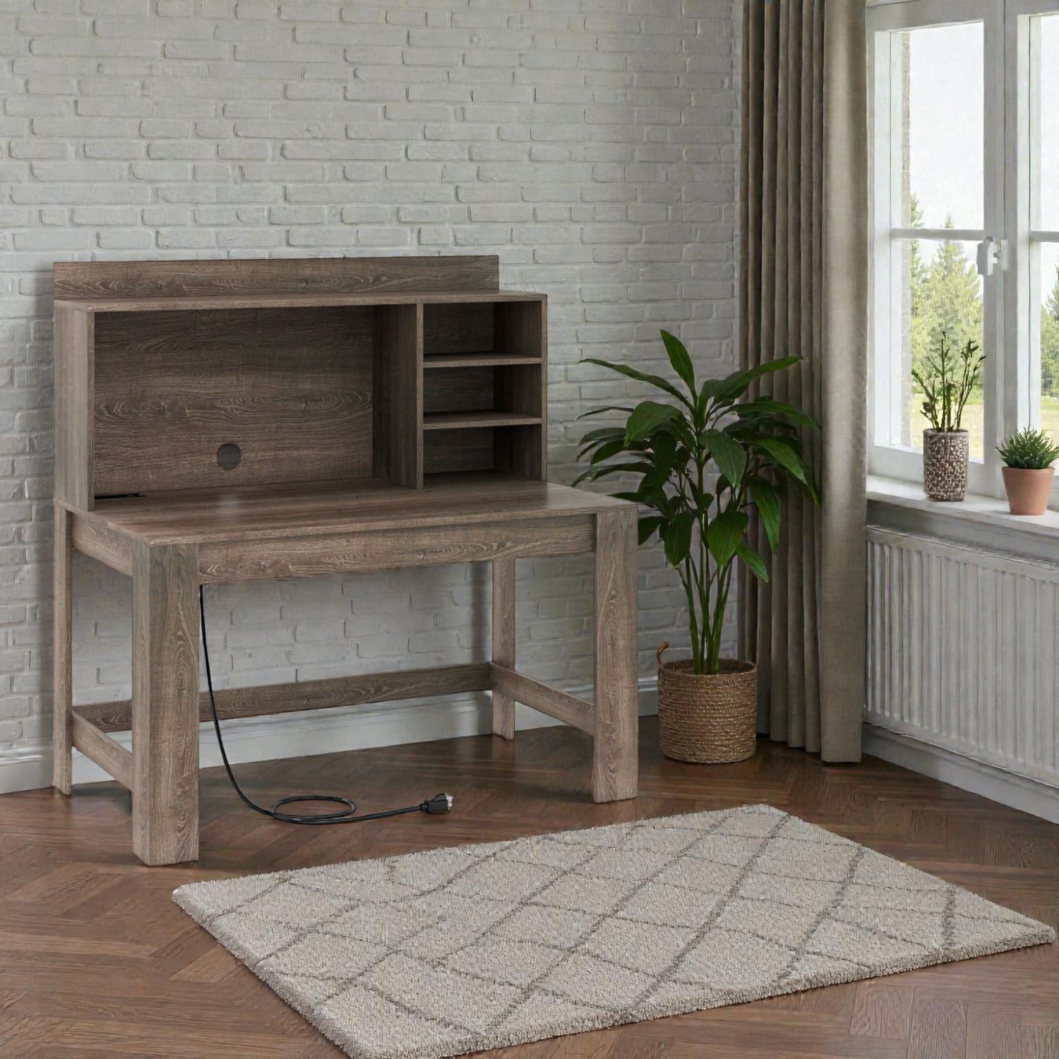 Hivvago - Contemporary Workstation Desk with Upper Hutch and Multi-Tier Storage - Oak