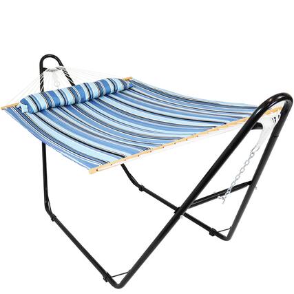 Front. Sunnydaze - 2-Person Quilted Hammock with Universal Steel Stand - Misty Beach.