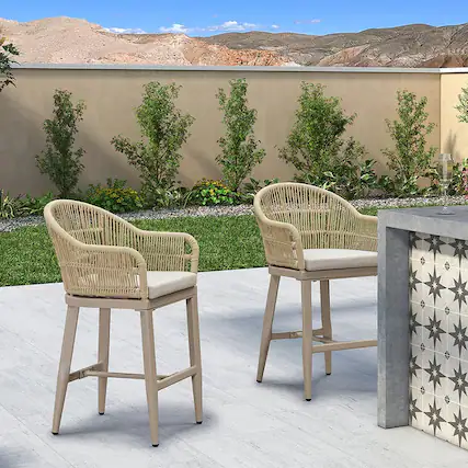 Front. PURPLE LEAF - Outdoor Counter/Bar Height Stools Rattan Wicker Bar Chairs Set of 2 Woven Aluminum Barstools with Back and Cushions - Champagne-Counter Stool.
