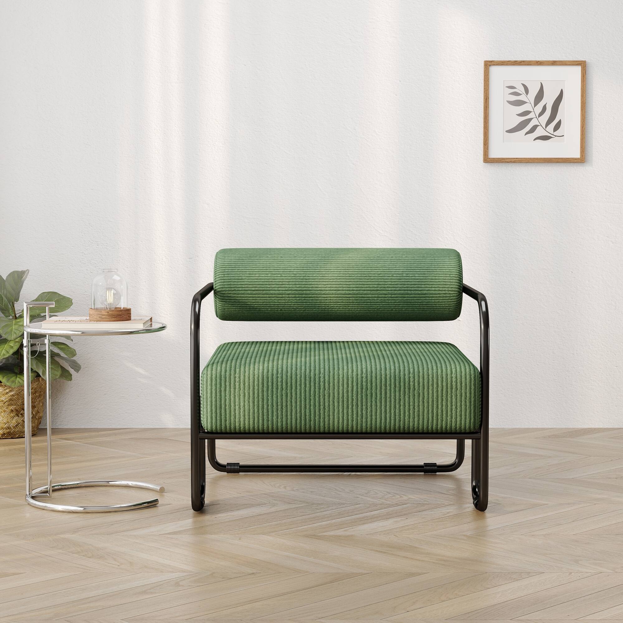 Left. GOODSILO - Comfortable Iron Frame Lounge Chair with Curved Seat and Integrated Backrest for Relaxation - Dark Green.